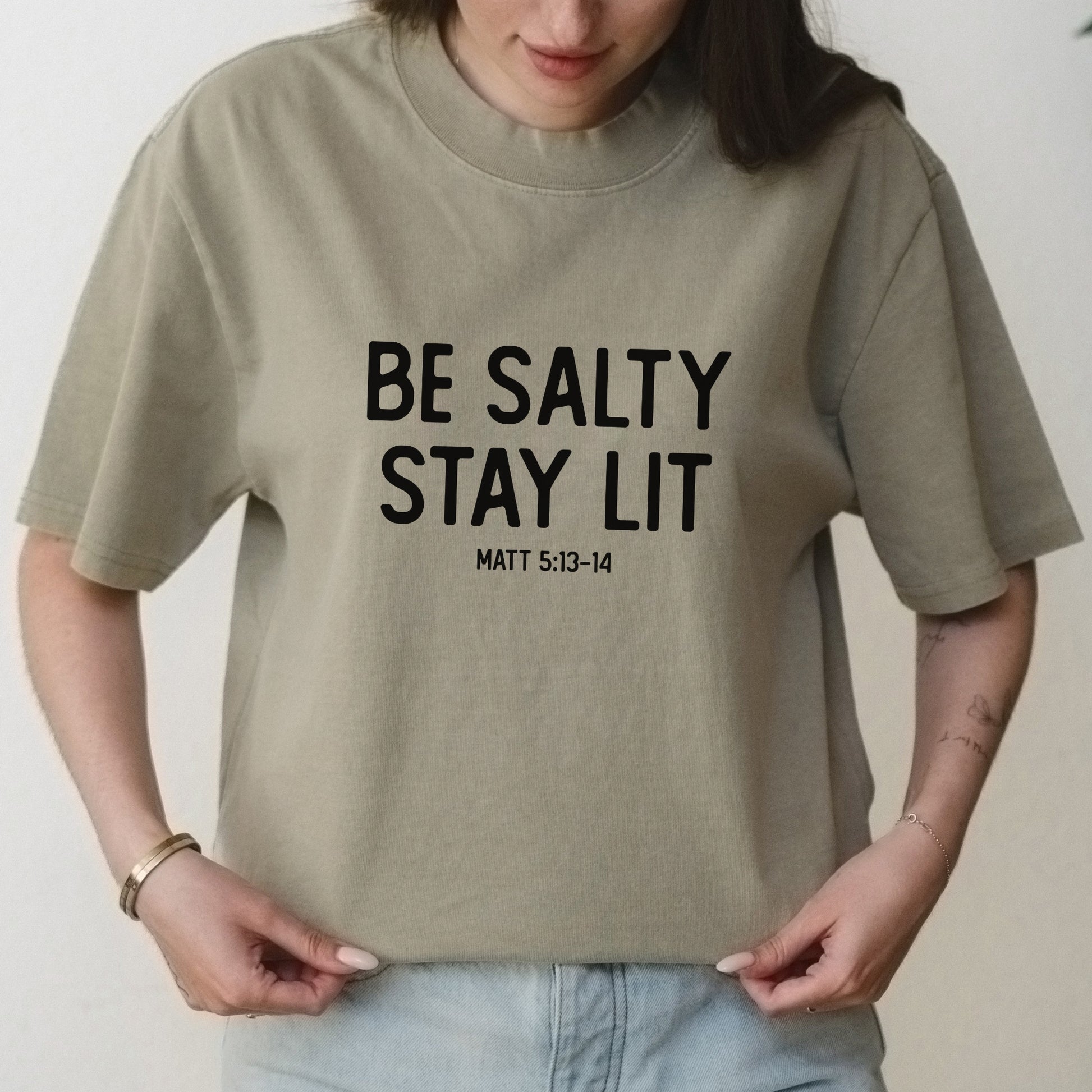 Be Salty Stay Lit Text Graphic with Bible Verse Message – Oversized Vintage Shirt