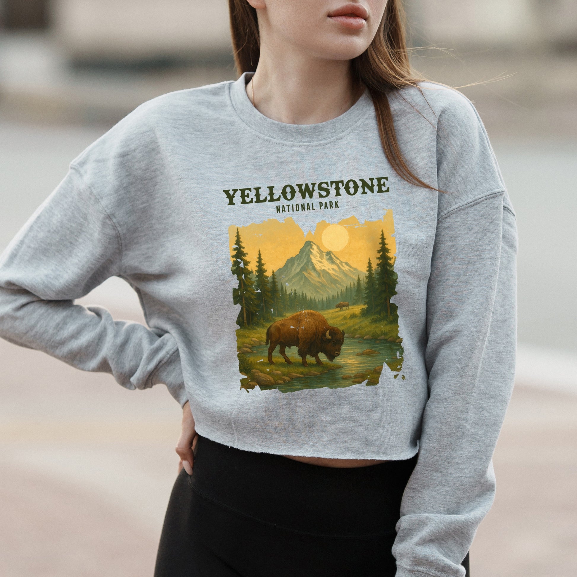 Retro Graphic with Yellowstone National Park Text – Vintage Crop Sweatshirt