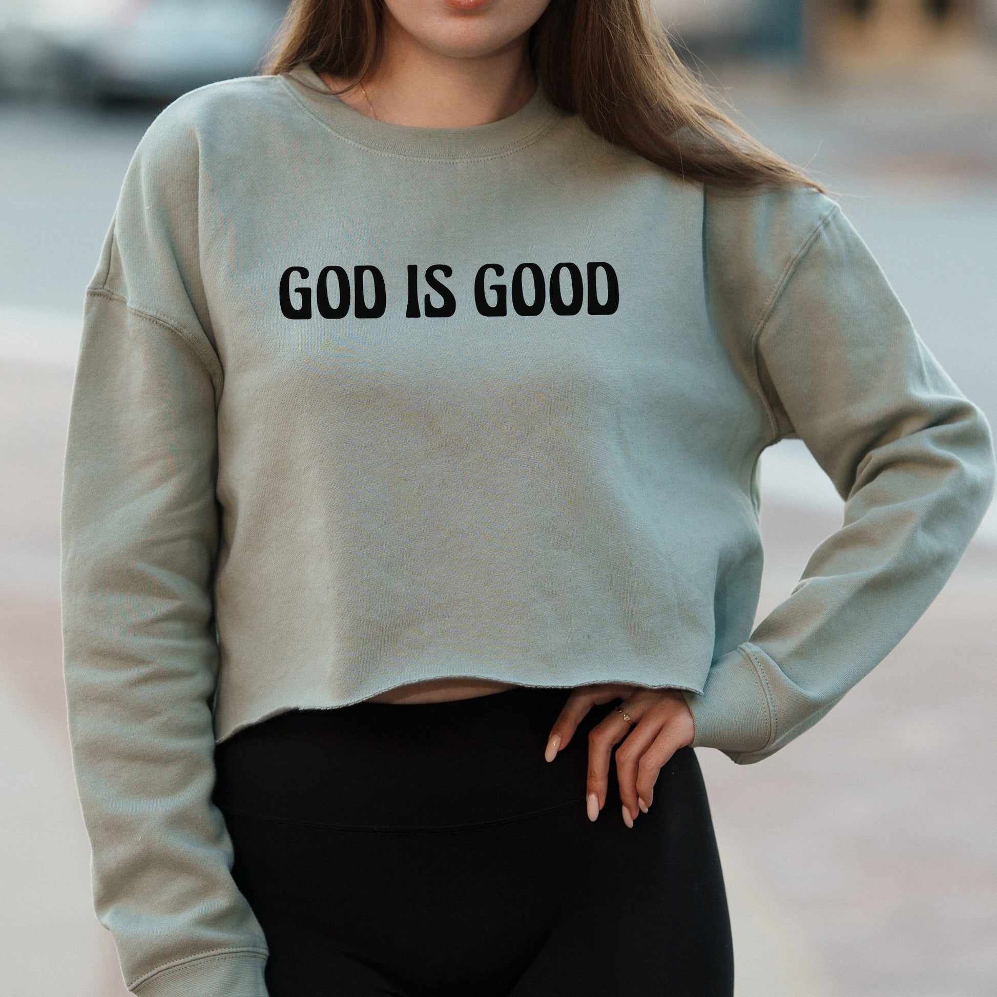God Is Good Groovy Text Graphic with Faith-Based Message – Vintage Crop Sweatshirt