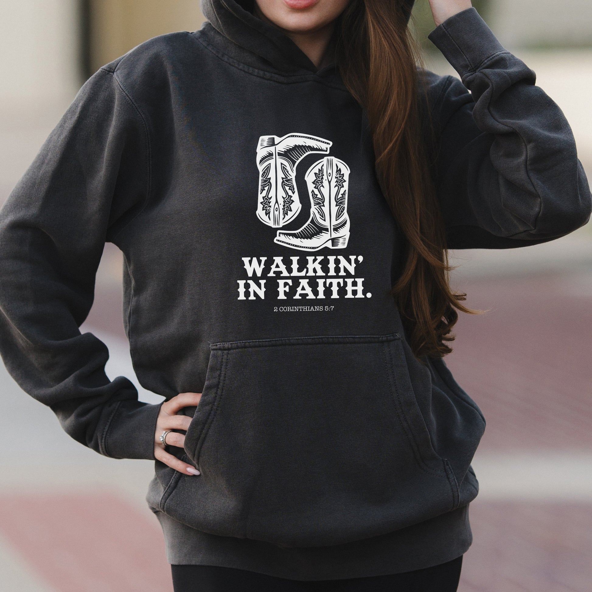 Walkin’ in Faith Western Boots Graphic with Christian Message – Faded Hoodie