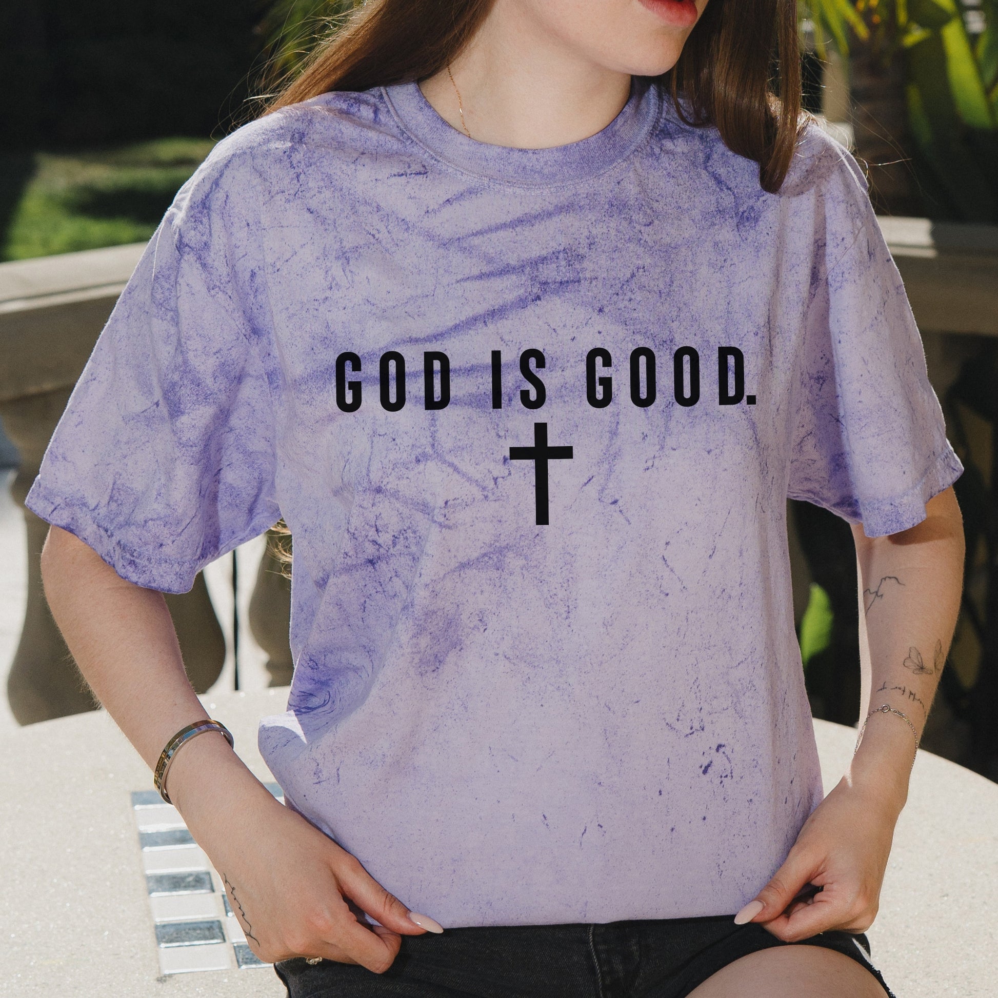 God Is Good Text with Cross in Minimalist Bold Font – Vintage Colorblast Shirt
