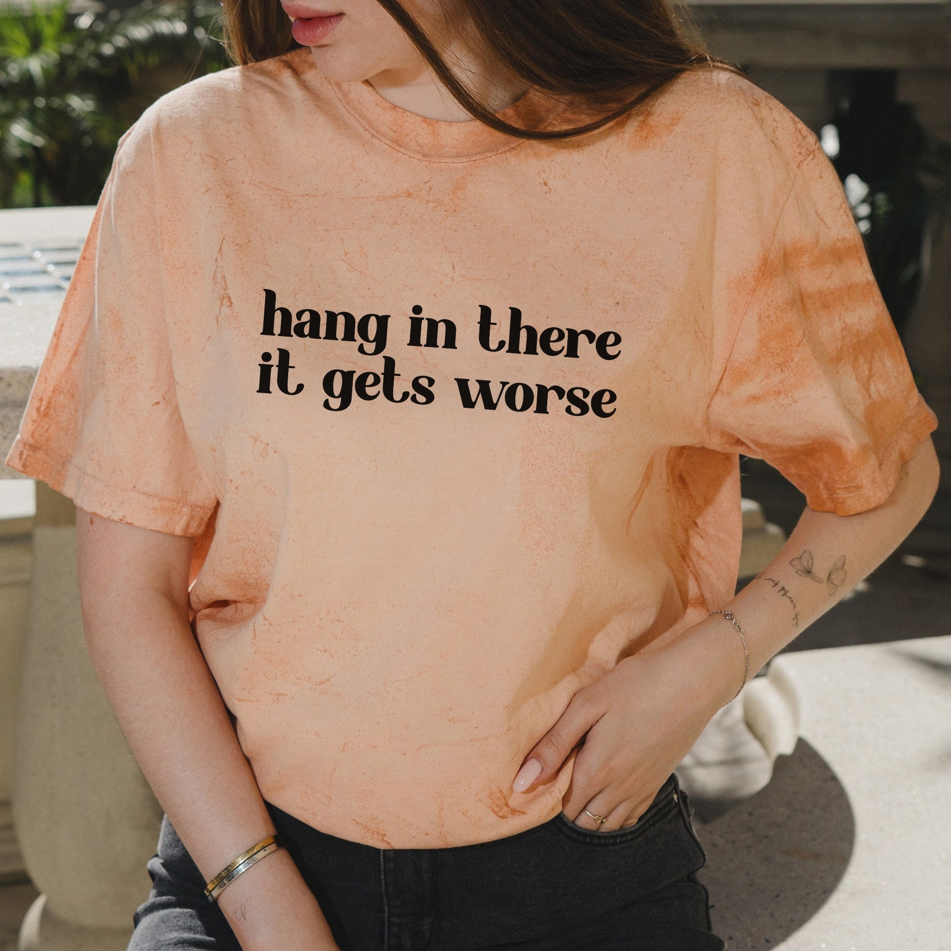 Hang in There It Gets Worse Funny Mental Health Tee – Vintage Colorblast Shirt