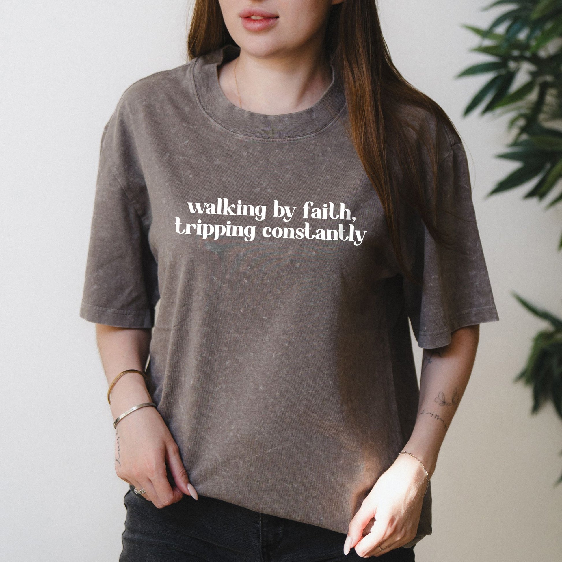 Walking by Faith Tripping Constantly Christian Saying in Serif Font – Oversized Vintage Shirt