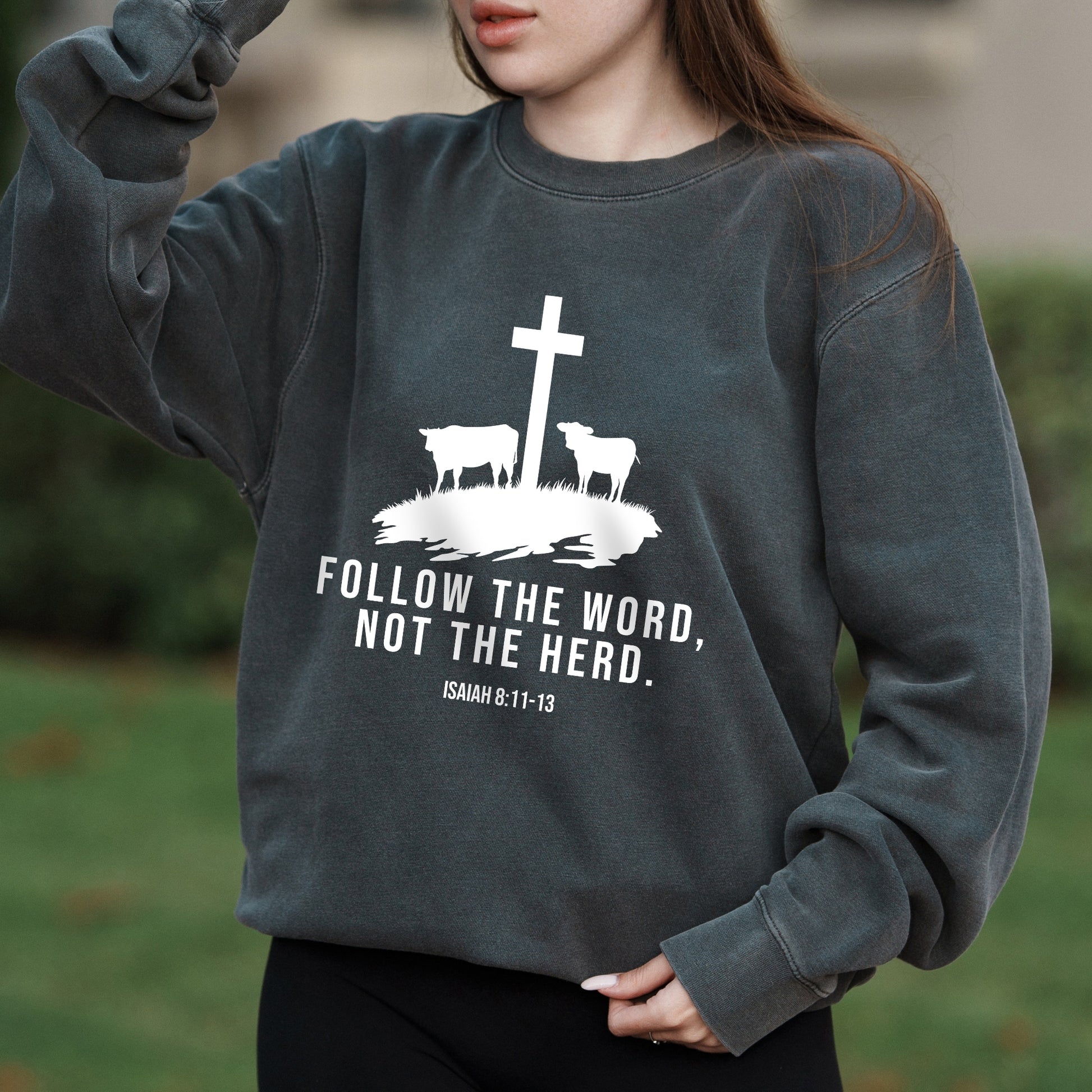 Follow the Word Not the Herd Graphic with Christian Country Message – Pigment Crewneck Sweatshirt