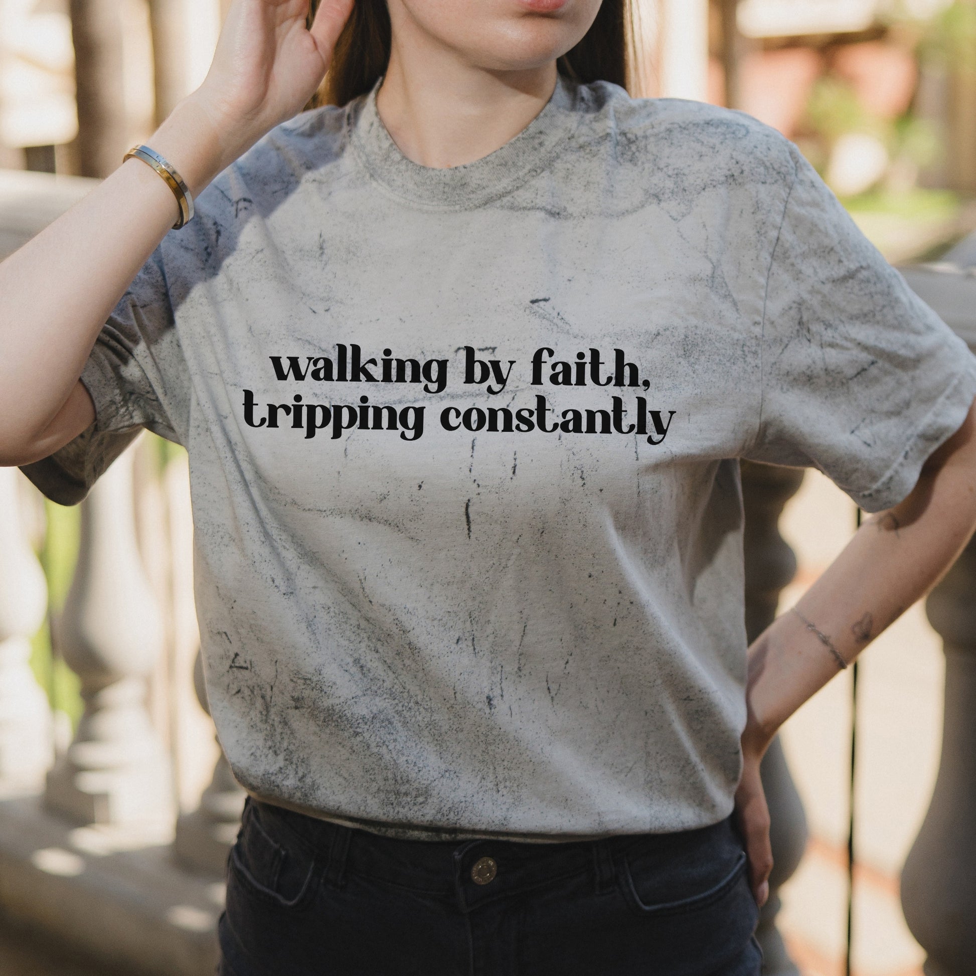 Walking by Faith Tripping Constantly Christian Saying in Serif Font – Vintage Colorblast Shirt
