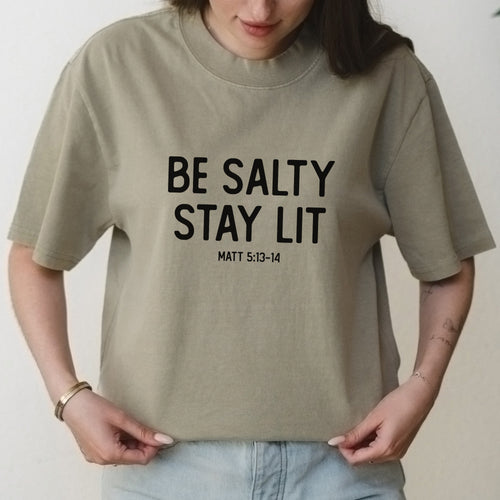 Be Salty Stay Lit Text Graphic with Bible Verse Message – Oversized Vintage Shirt