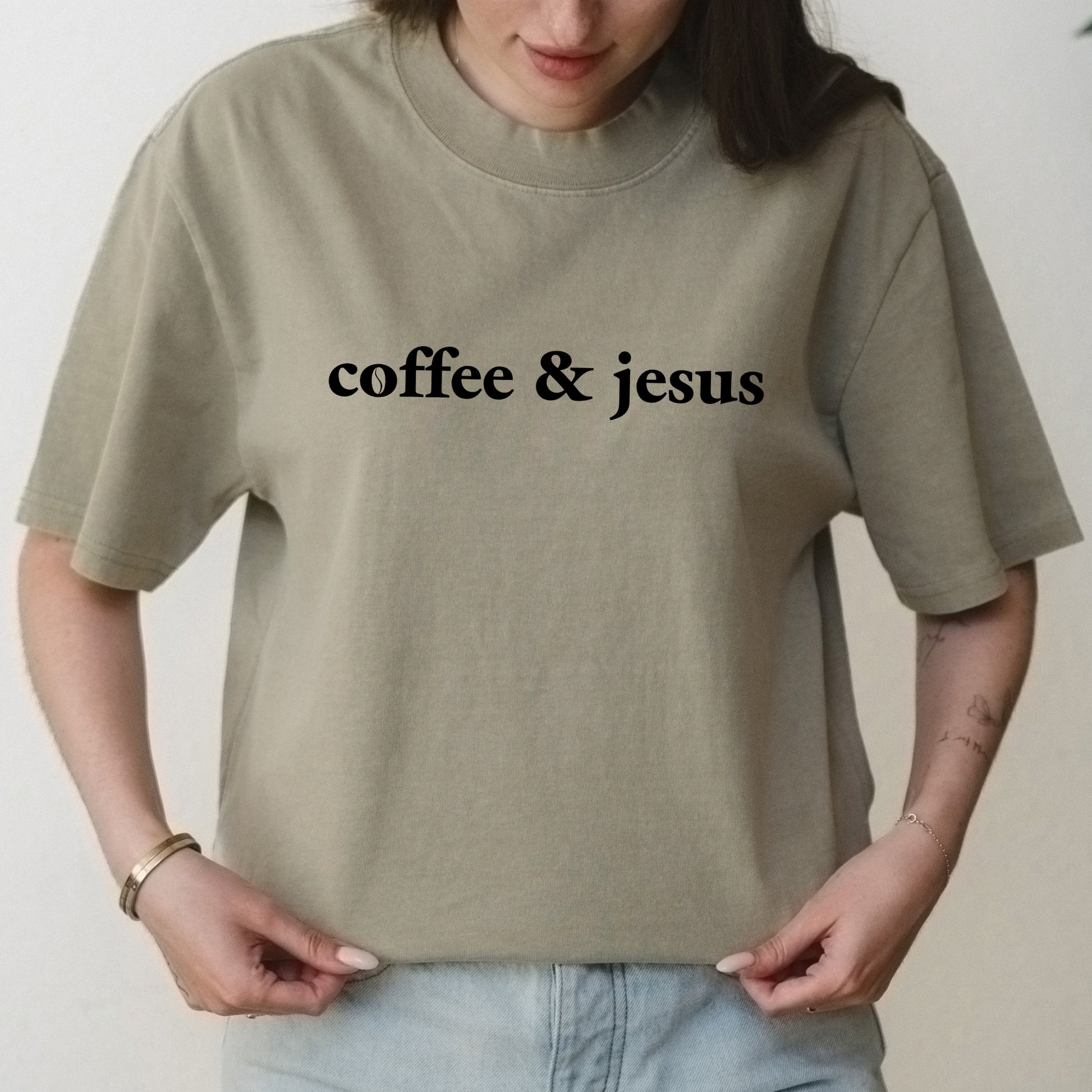 Coffee and Jesus Minimalist Christian Text Graphic – Oversized Vintage Shirt