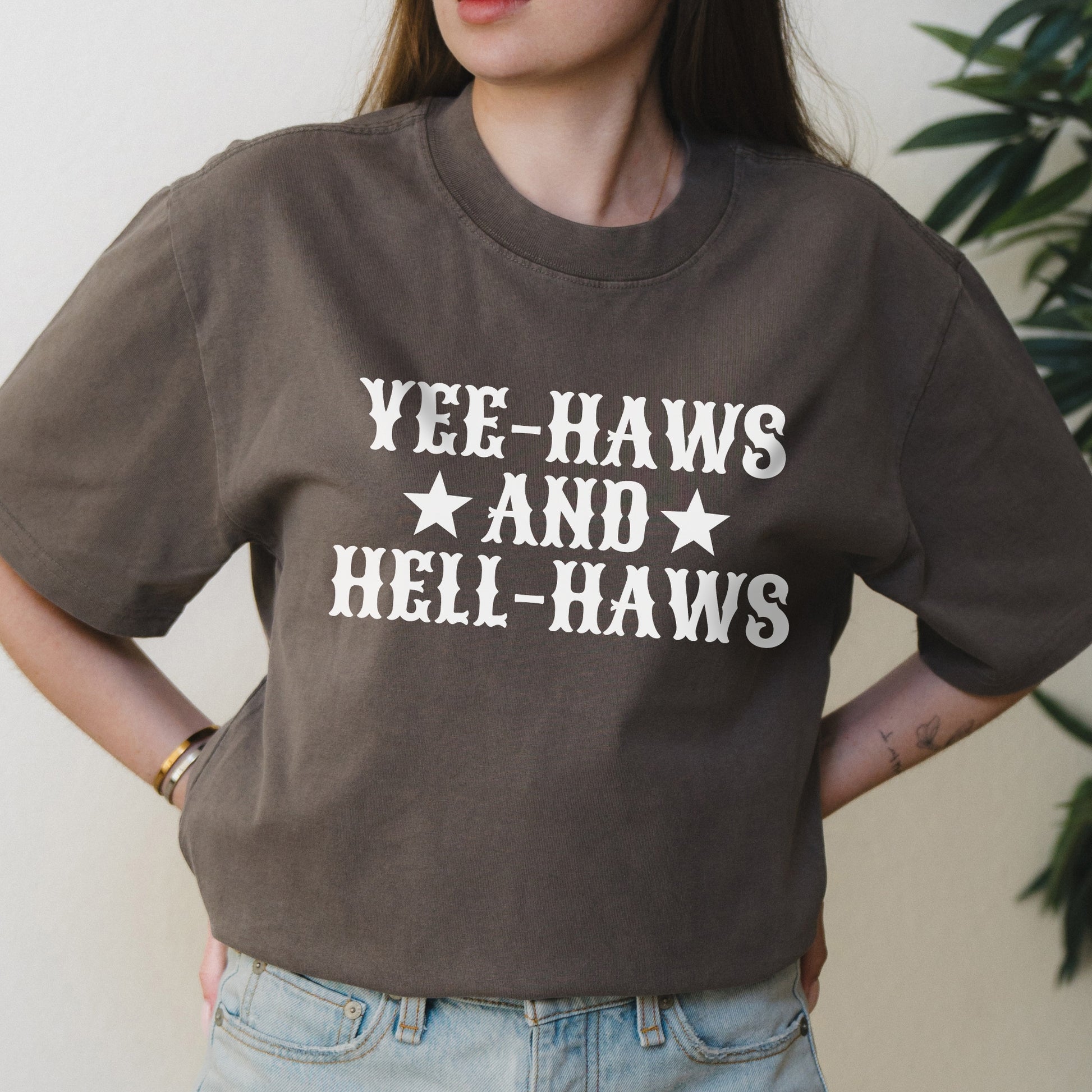 Yee-Haws and Hell-Haws Western Text Graphic with Cowgirl Attitude – Oversized Vintage Shirt