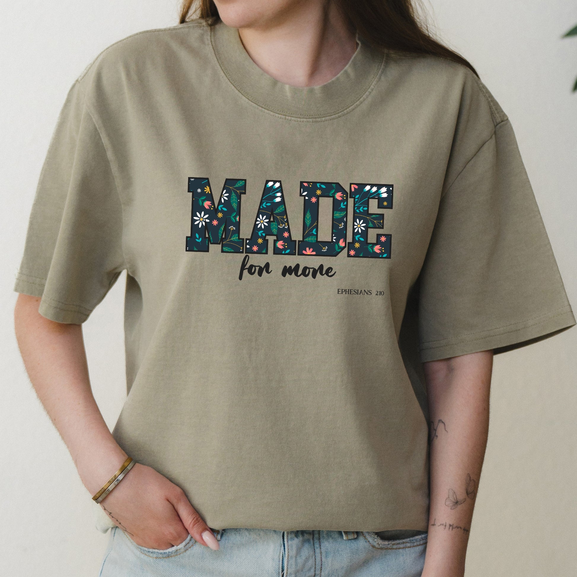 Made For More Floral Bible Verse Graphic with Faith Inspired Message – Oversized Vintage Shirt