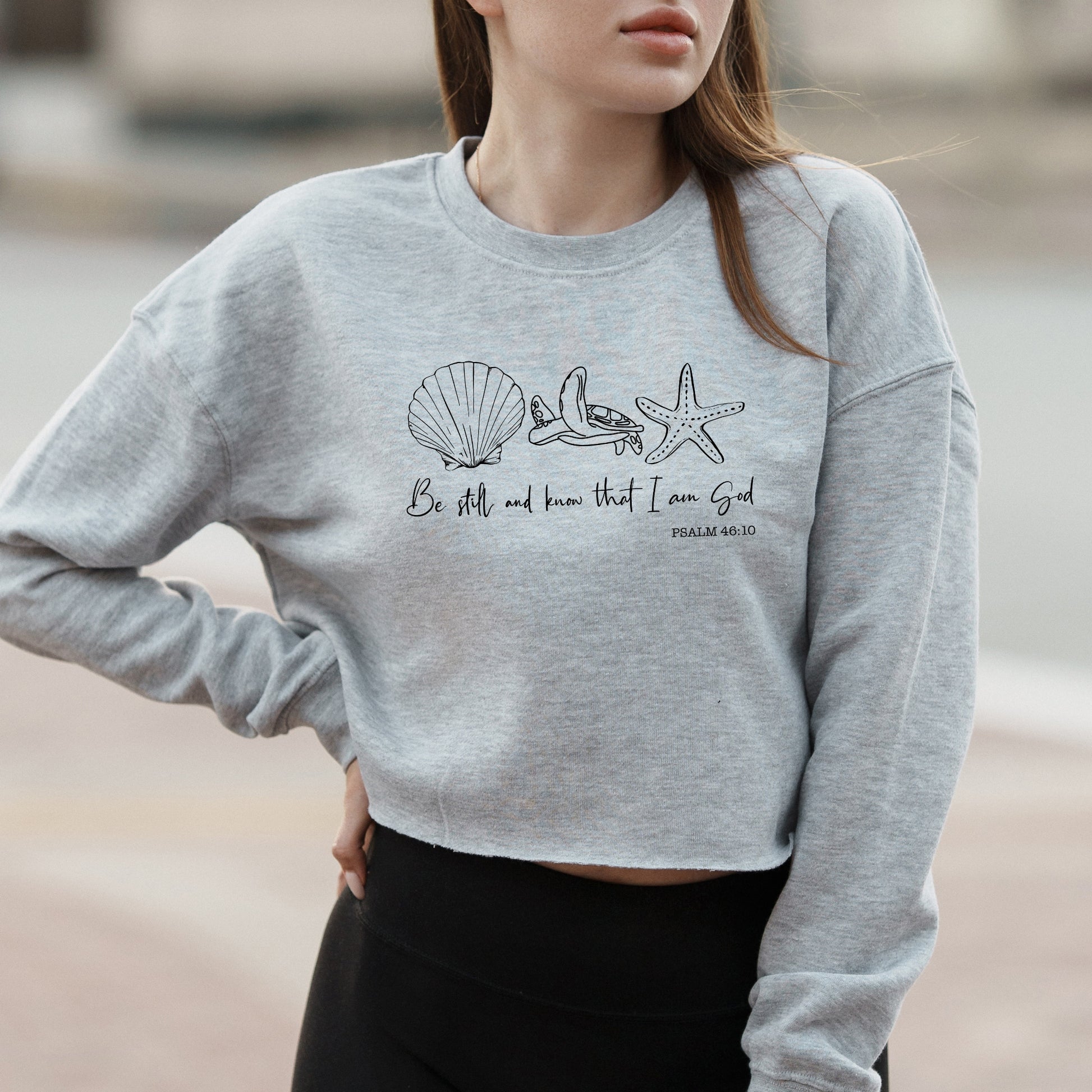 Seashell Sea Turtle Starfish Graphic with Be Still and Know That I Am God Text – Vintage Crop Sweatshirt