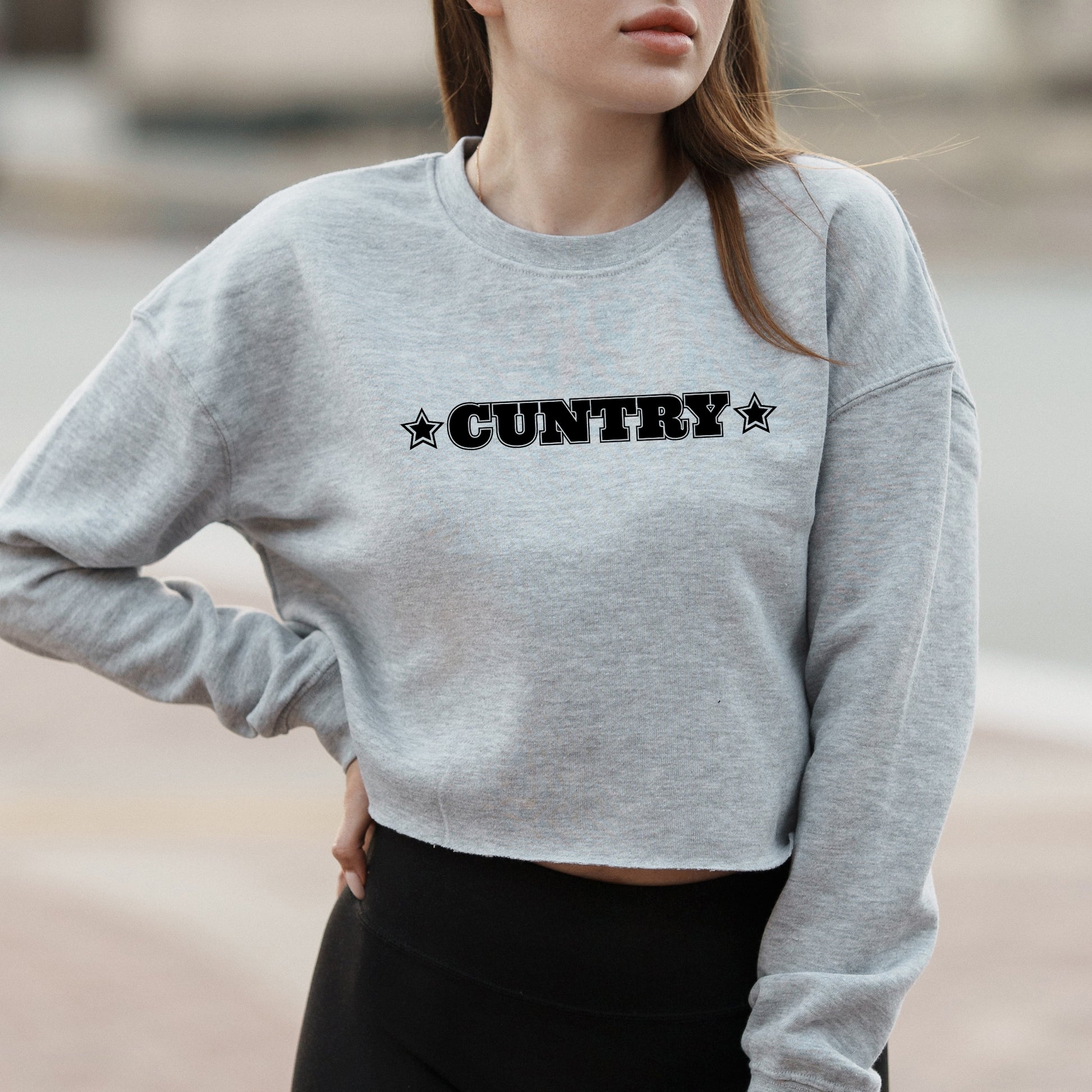 Cuntry Bold Western Graphic with Star Accents and Cowgirl Attitude – Vintage Crop Sweatshirt