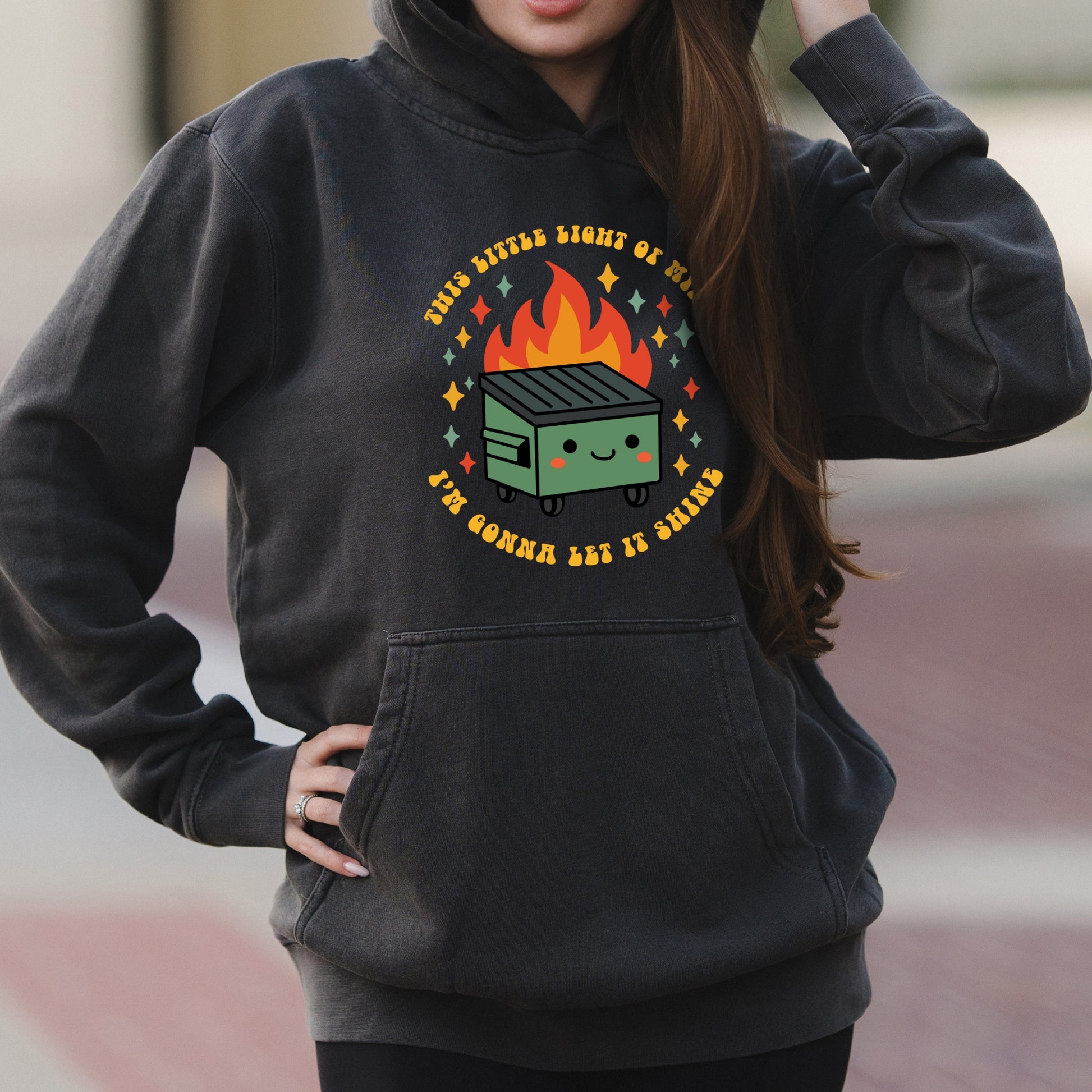 Emotional Dumpster Fire Graphic with This Little Light of Mine Text – Faded Hoodie