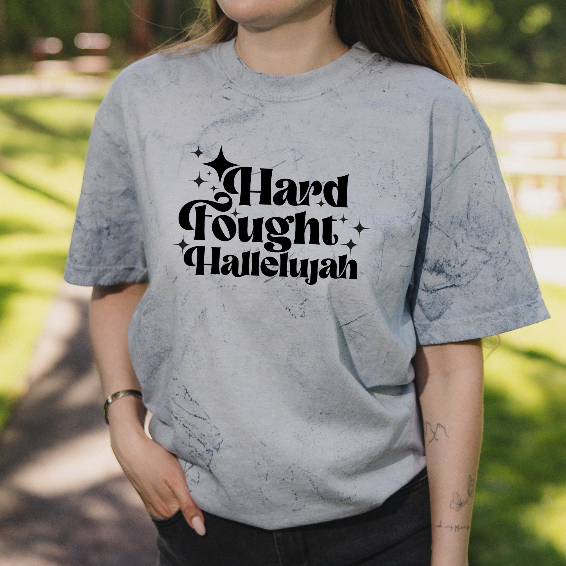 Hard Fought Hallelujah Retro Text Graphic with Christian Message – Vintage Colorblast Shirt
