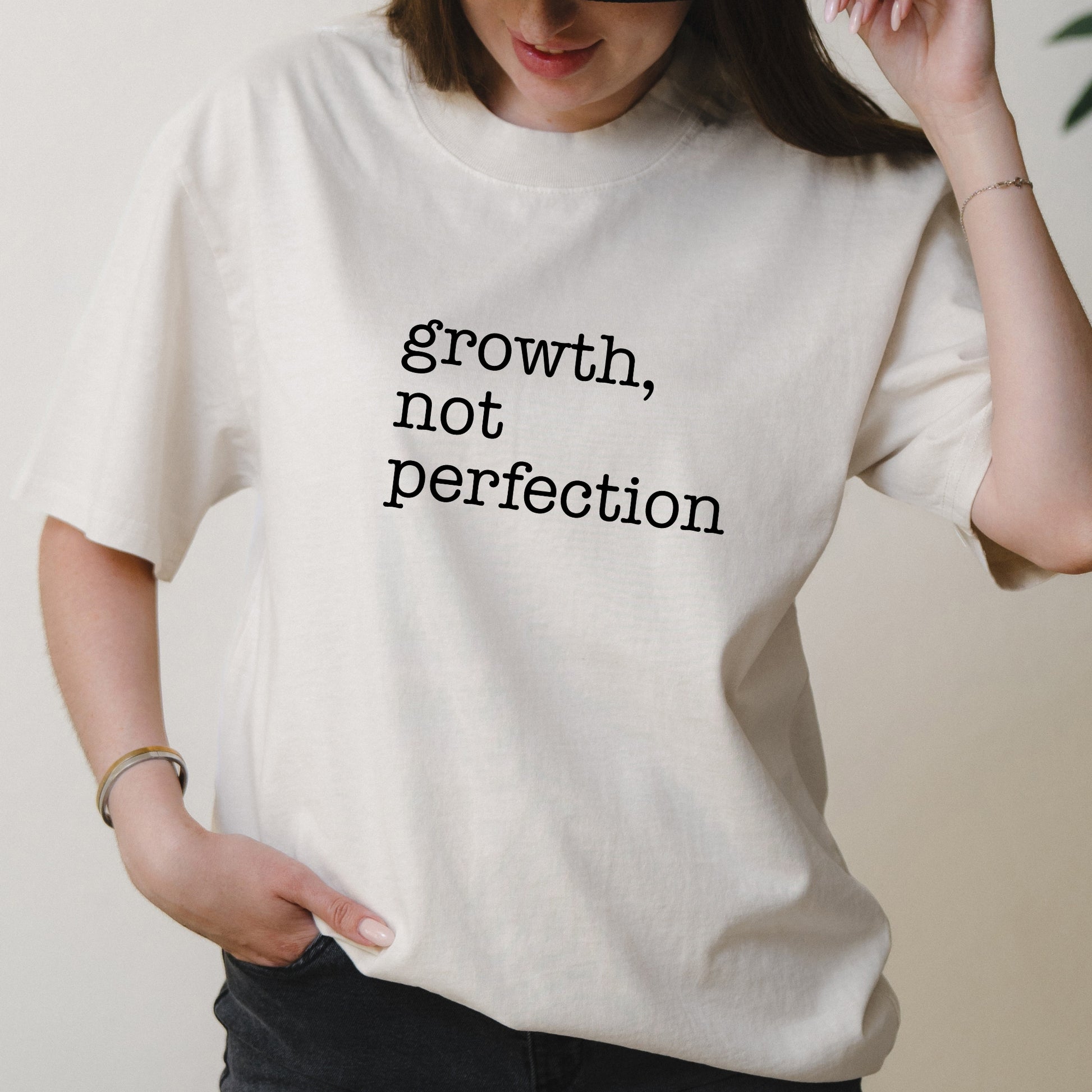 Growth Not Perfection Minimalist Text Graphic with Motivational Message – Oversized Vintage Shirt