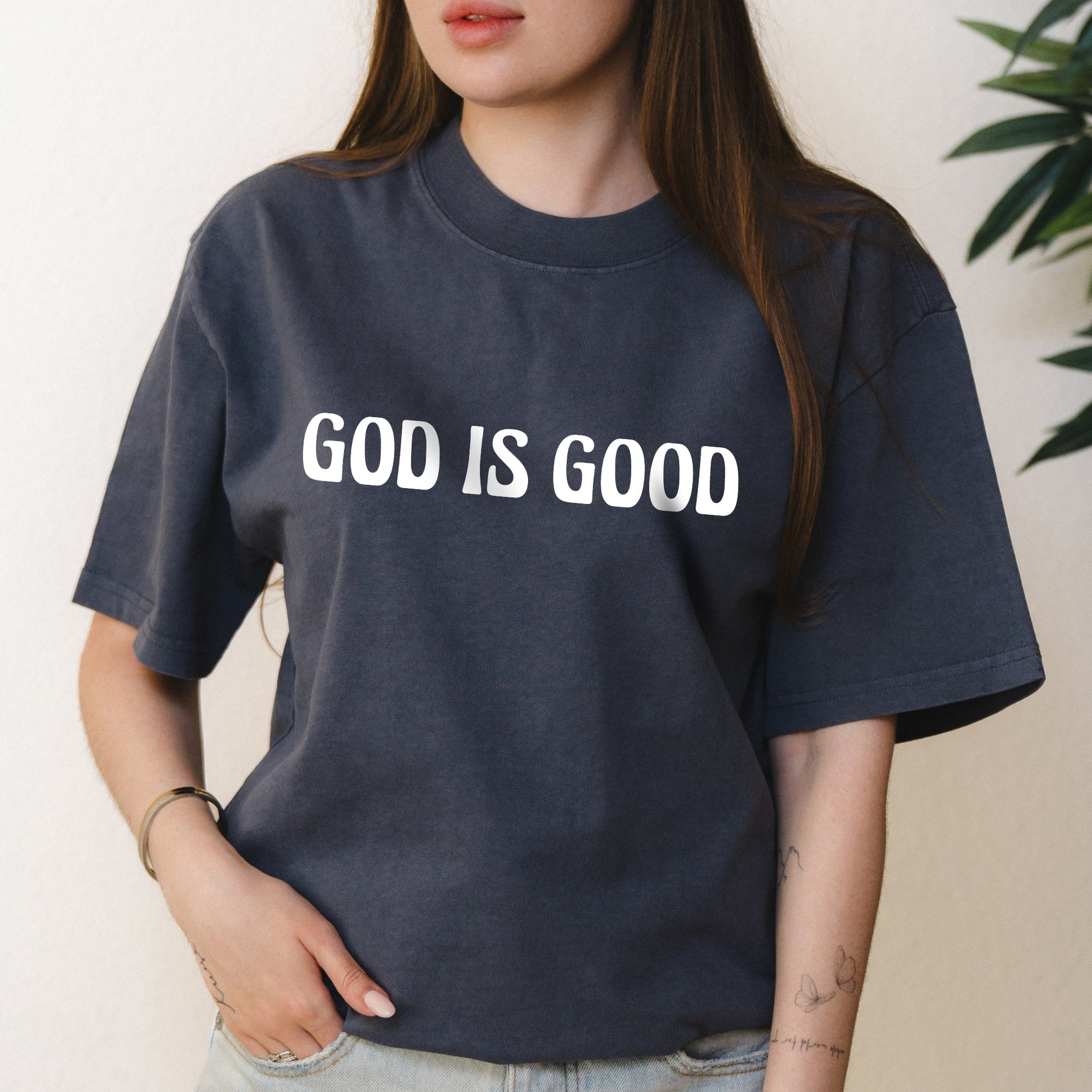 God Is Good Minimalist Text Graphic with Faith-Based Message – Oversized Vintage Shirt