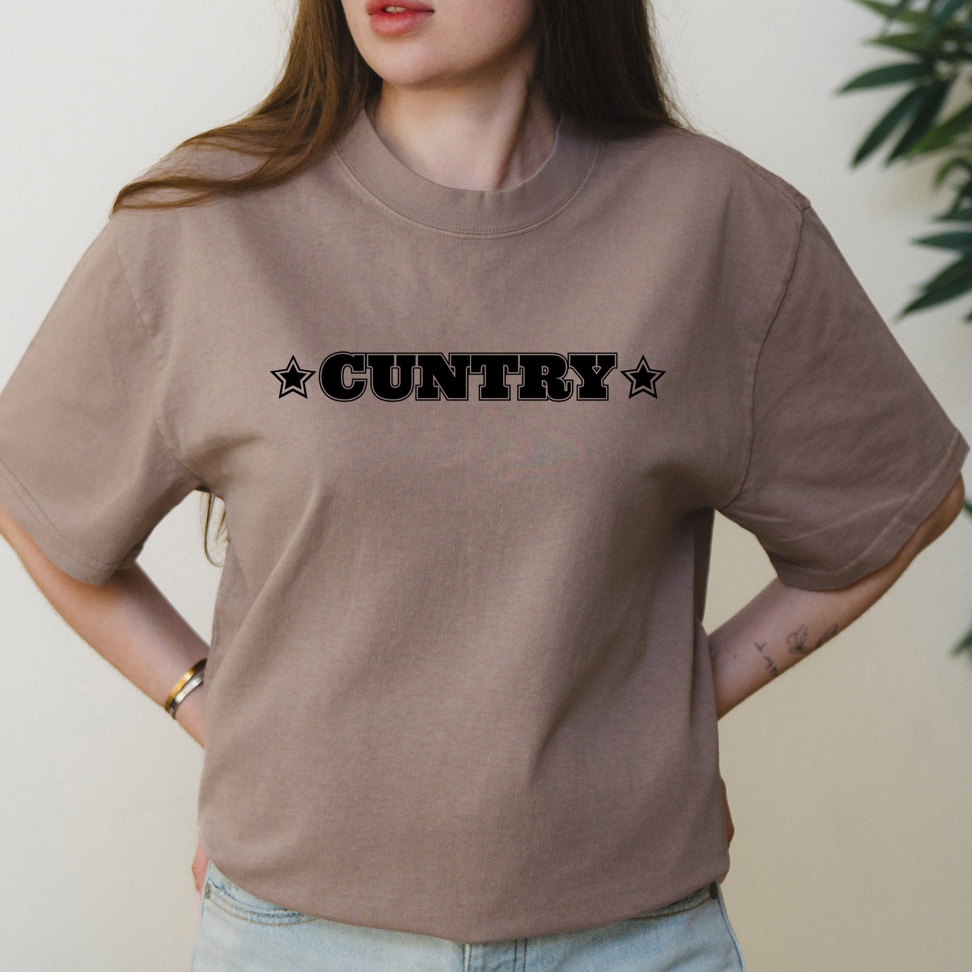 Cuntry Bold Western Graphic with Star Accents and Cowgirl Attitude – Oversized Vintage Shirt