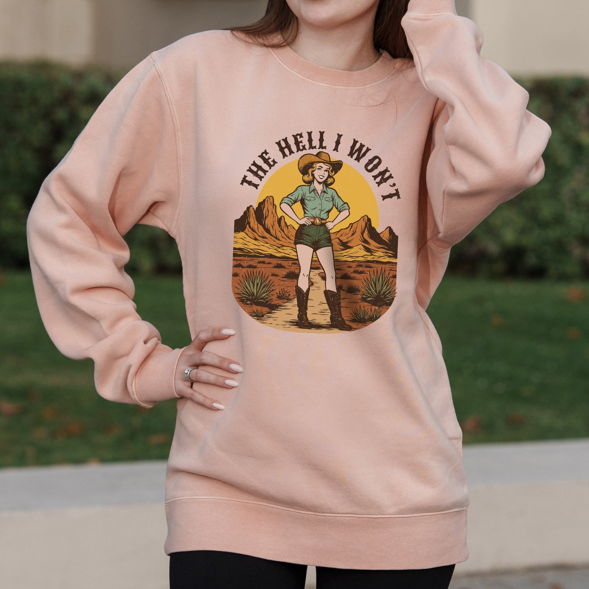 The Hell I Won’t Cowgirl Graphic with Retro Western Attitude – Pigment Crewneck Sweatshirt