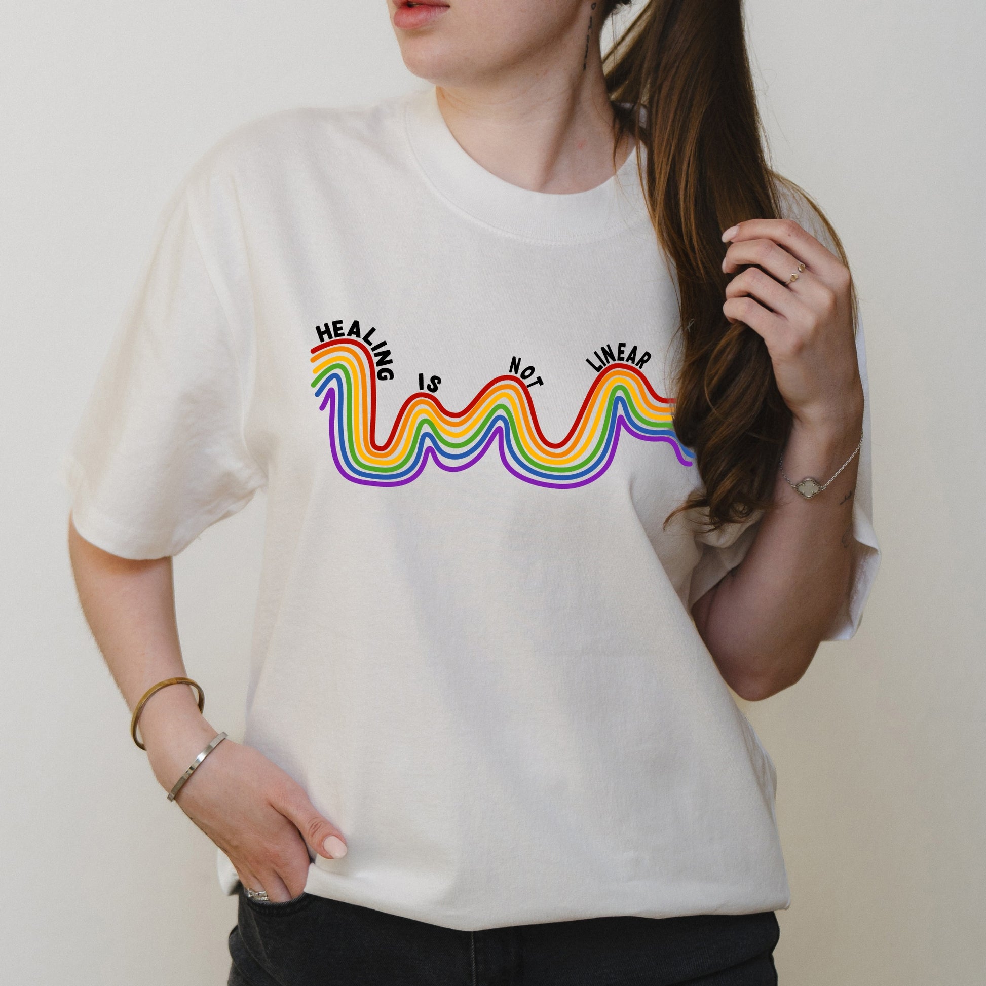 Healing Is Not Linear Rainbow Graphic with Mental Health Message – Oversized Vintage Shirt