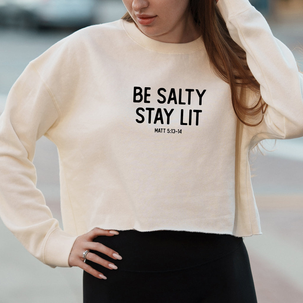 Be Salty Stay Lit Text Graphic with Bible Verse Message – Vintage Crop Sweatshirt