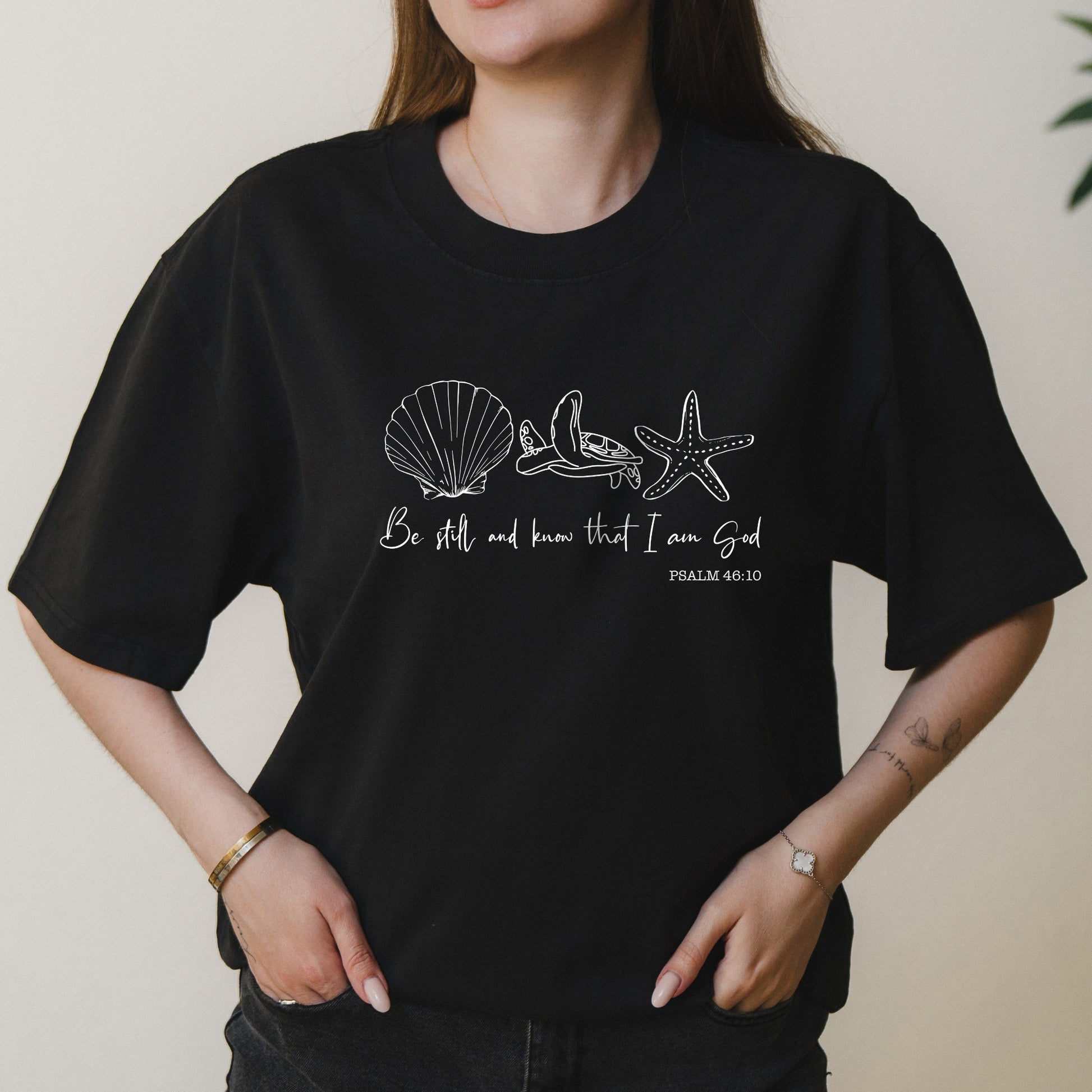 Seashell Sea Turtle Starfish Graphic with Be Still and Know That I Am God Text – Oversized Vintage Shirt