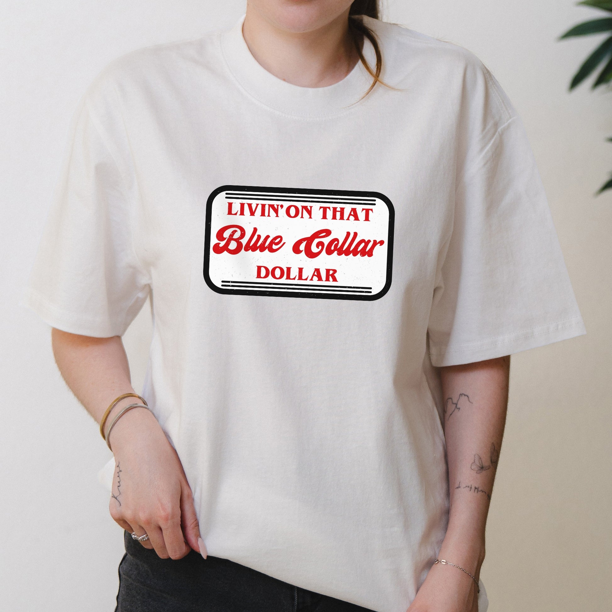 Living on That Blue Collar Dollar Graphic with Western Workwear Vibe – Oversized Vintage Shirt