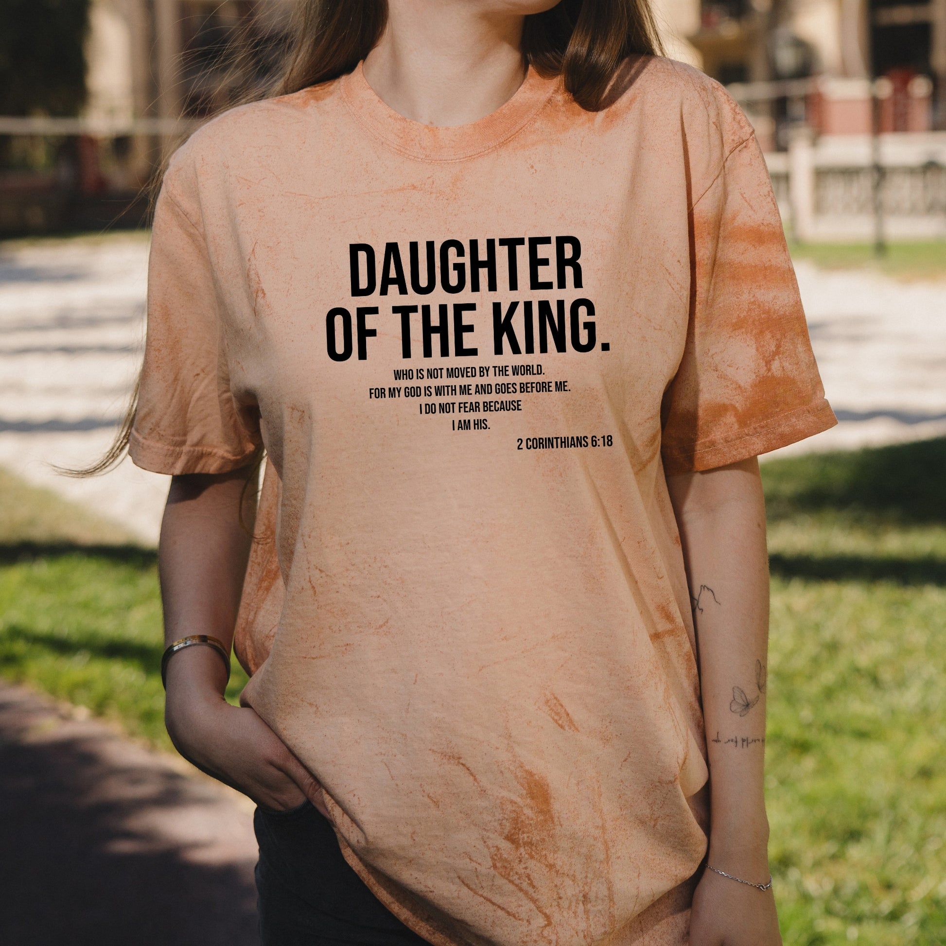 Daughter of the King Text Graphic with Christian Faith Message – Vintage Colorblast Shirt