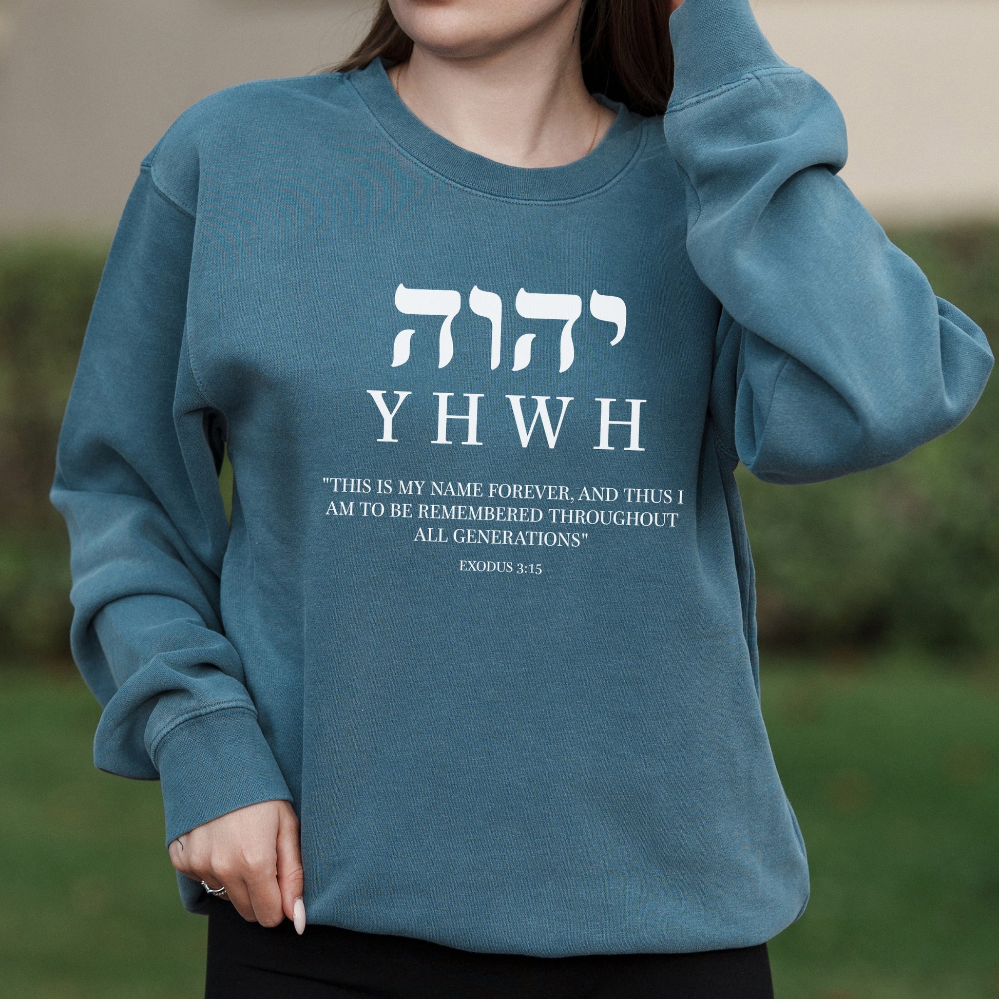 YHWH Hebrew Name Graphic with Bible Verse from Exodus – Pigment Crewneck Sweatshirt