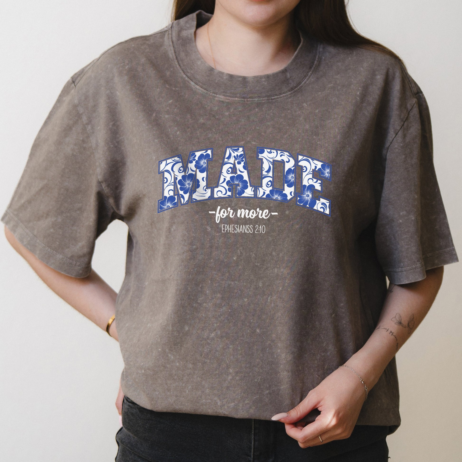 Made For More Blue Floral Tile Graphic with Faith Inspired Message – Oversized Vintage Shirt