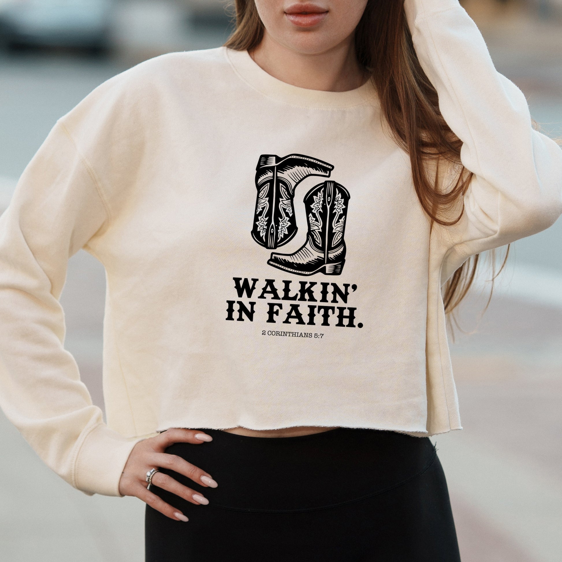 Walkin’ in Faith Western Boots Graphic with Christian Message – Vintage Crop Sweatshirt