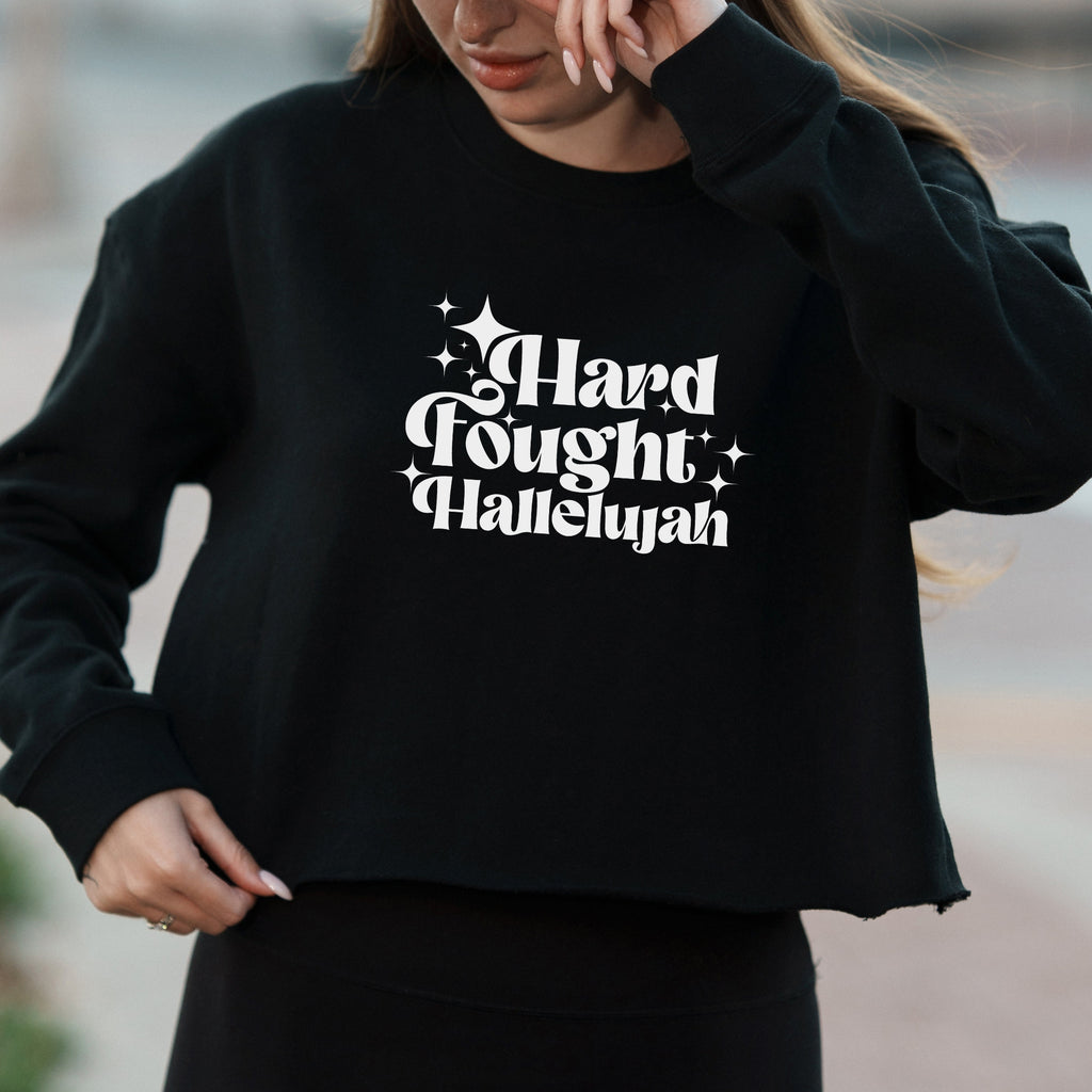 Hard Fought Hallelujah Retro Text Graphic with Christian Message – Vintage Crop Sweatshirt