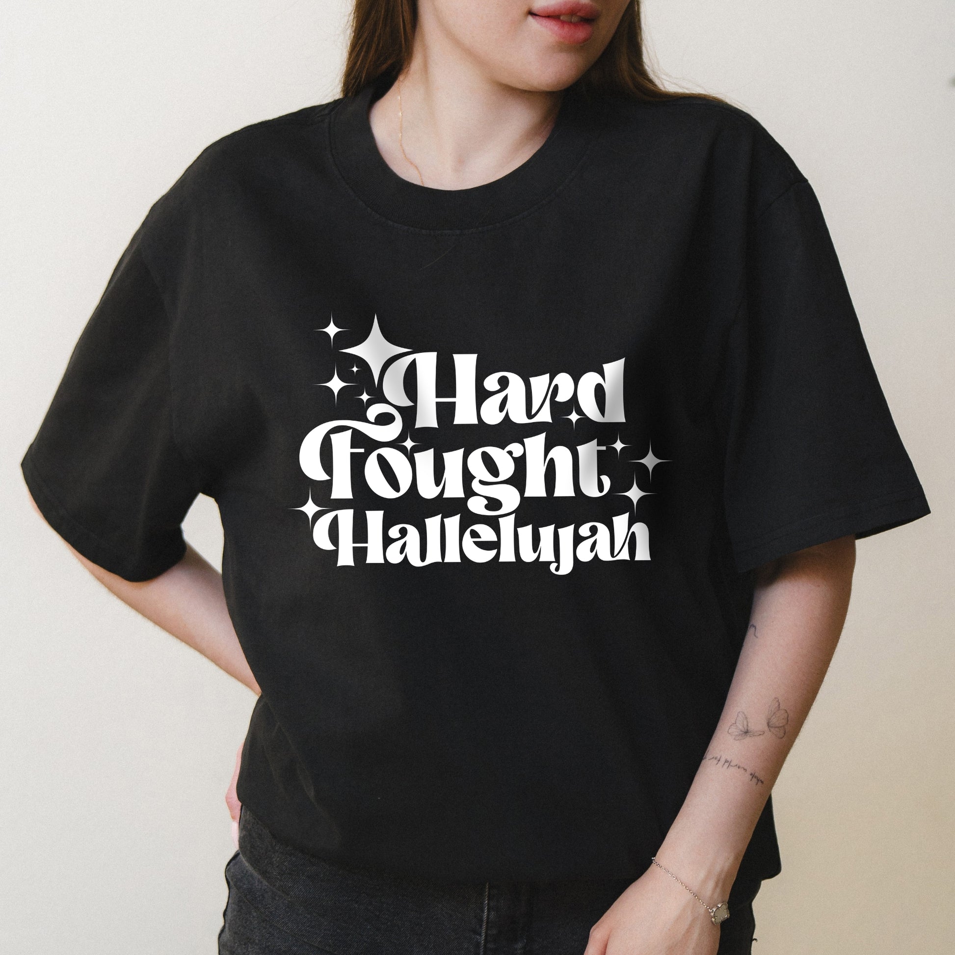 Hard Fought Hallelujah Retro Text Graphic with Christian Message – Oversized Vintage Shirt