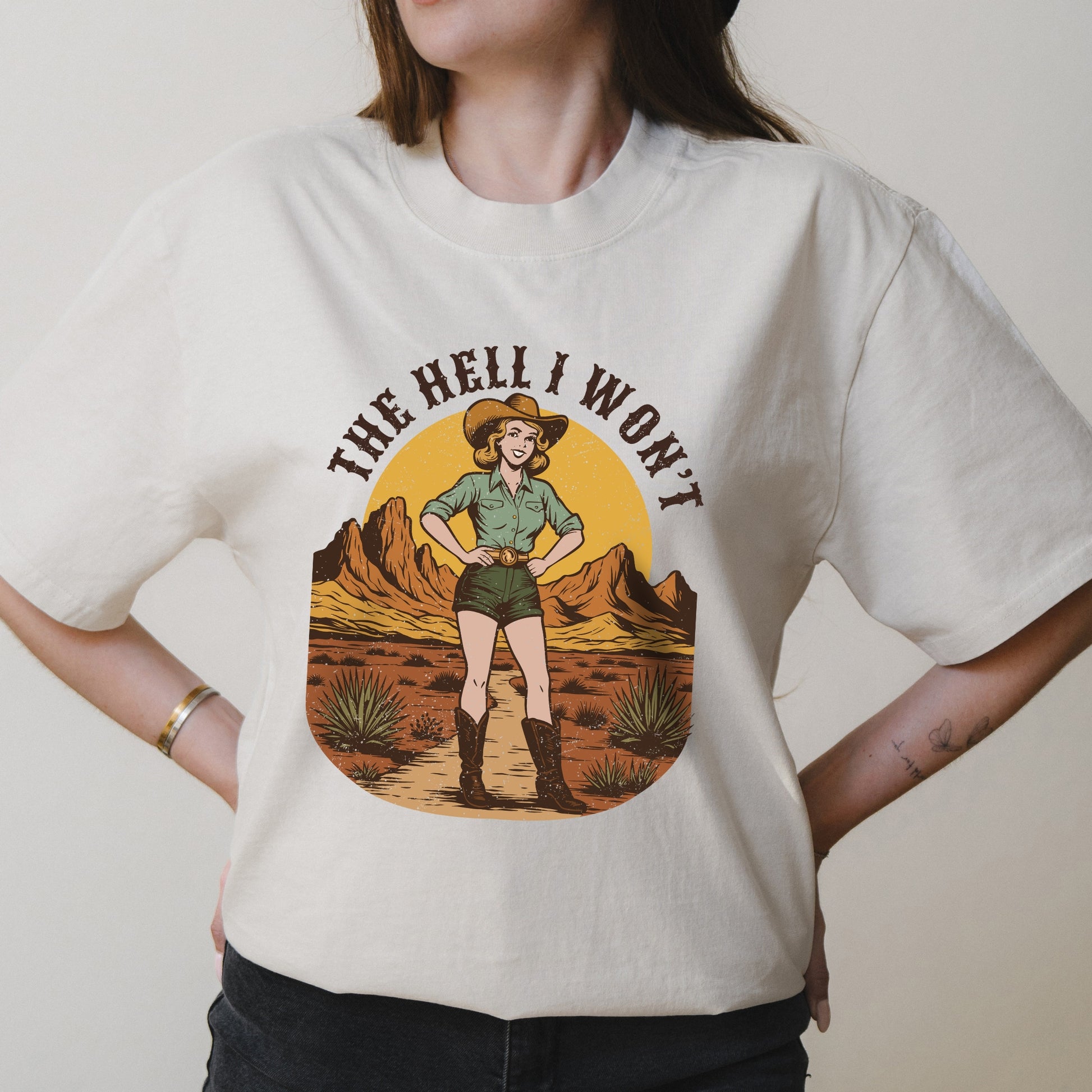 The Hell I Won’t Cowgirl Graphic with Retro Western Attitude – Oversized Vintage Shirt