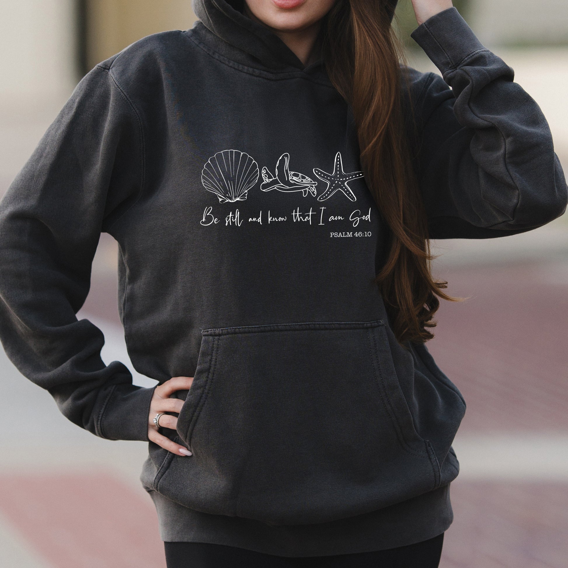 Seashell Sea Turtle Starfish Graphic with Be Still and Know That I Am God Text – Faded Hoodie