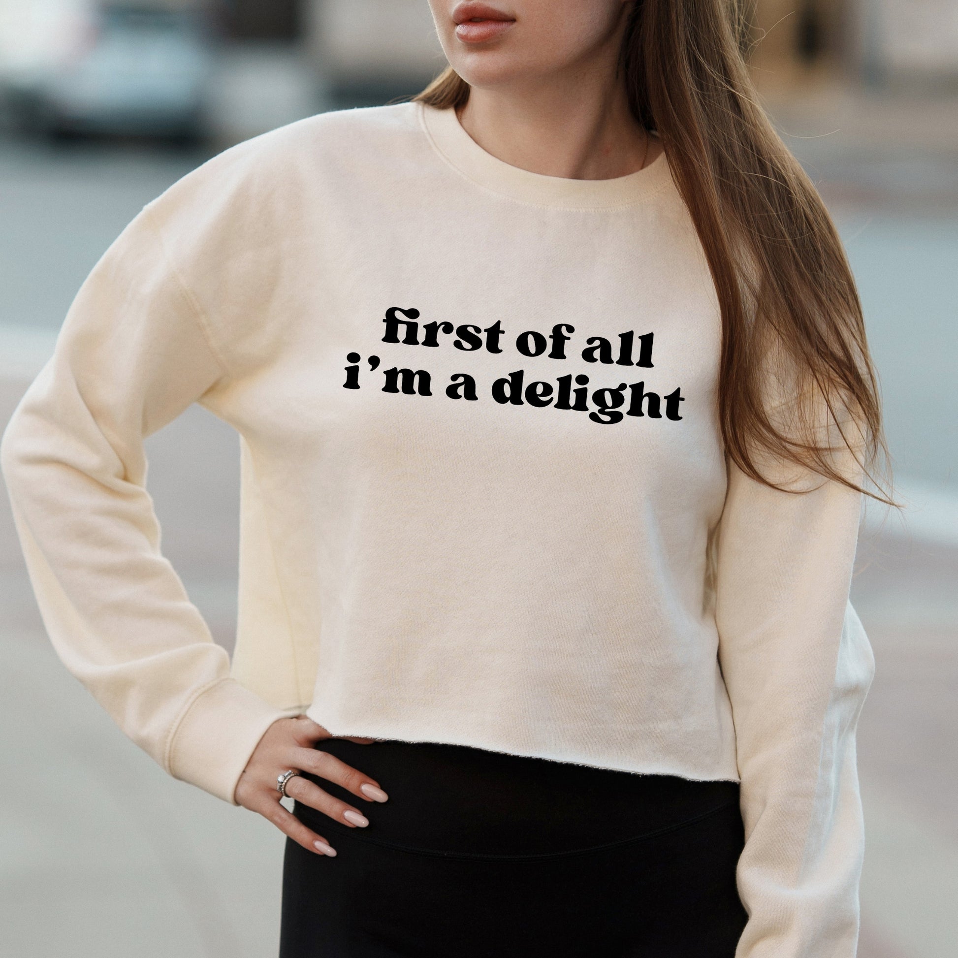 First of All I’m a Delight Text Graphic with Sarcastic Humor – Vintage Crop Sweatshirt