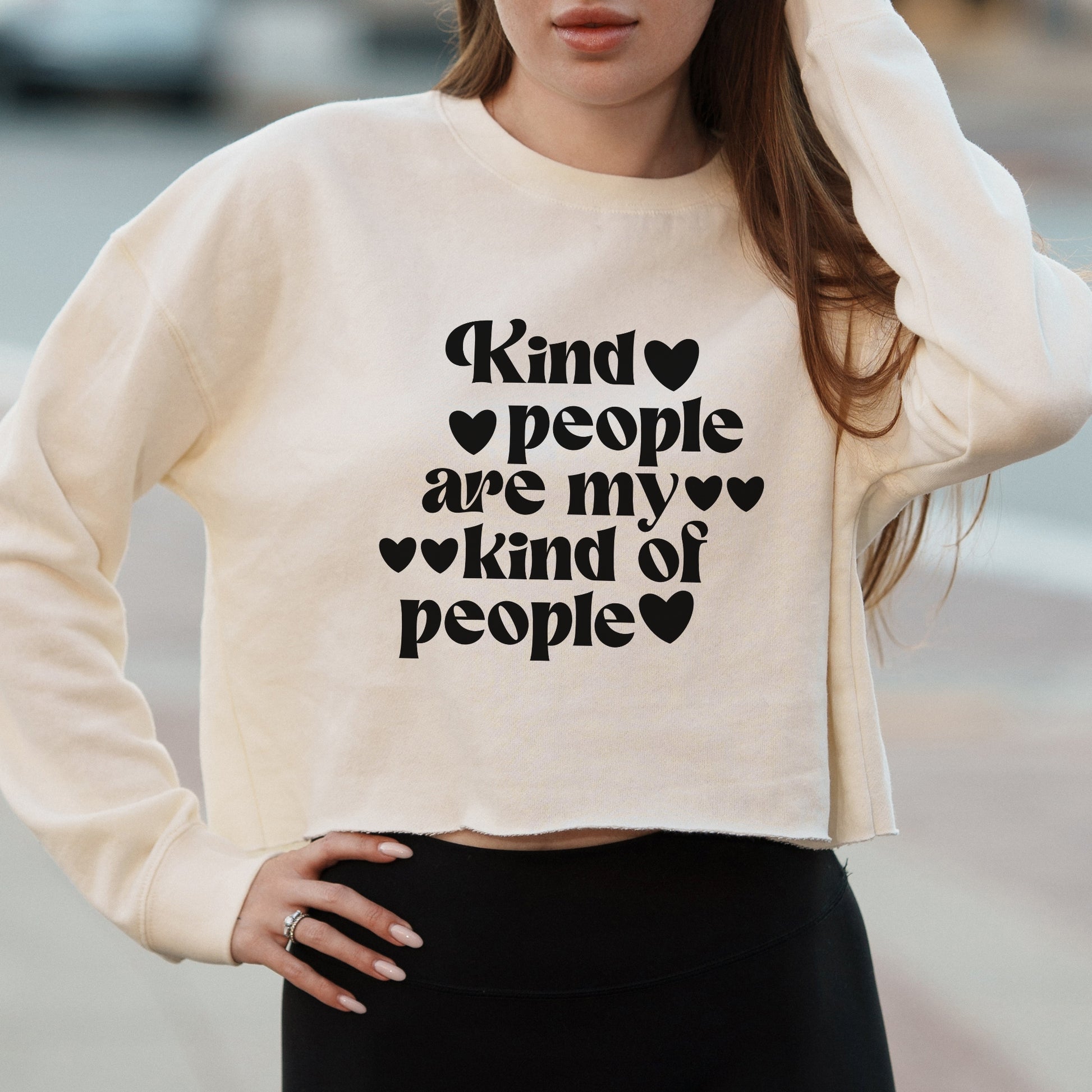 Kind People Are My Kind of People Graphic with Retro Heart Text – Vintage Crop Sweatshirt