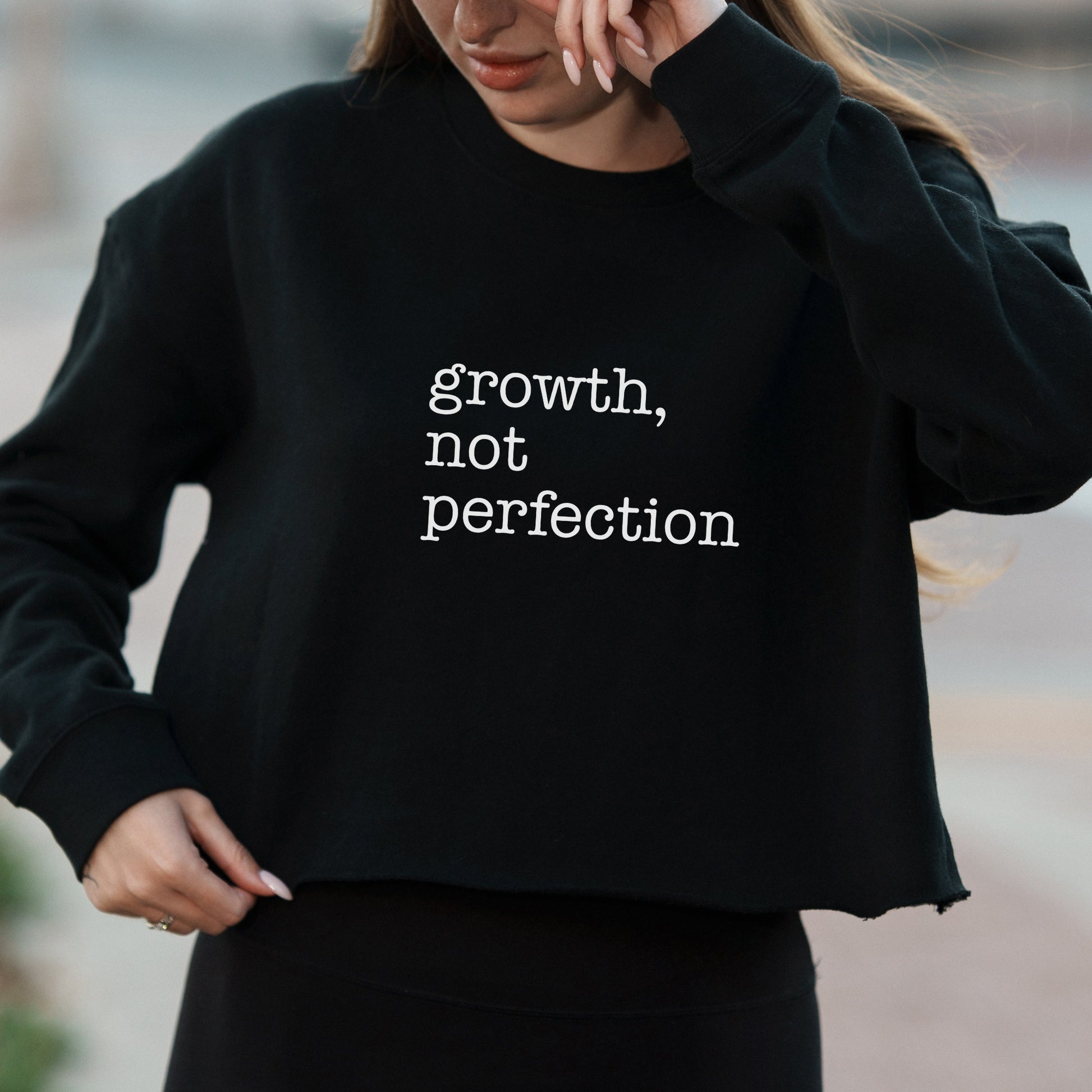 Growth Not Perfection Minimalist Text Graphic with Motivational Message – Vintage Crop Sweatshirt