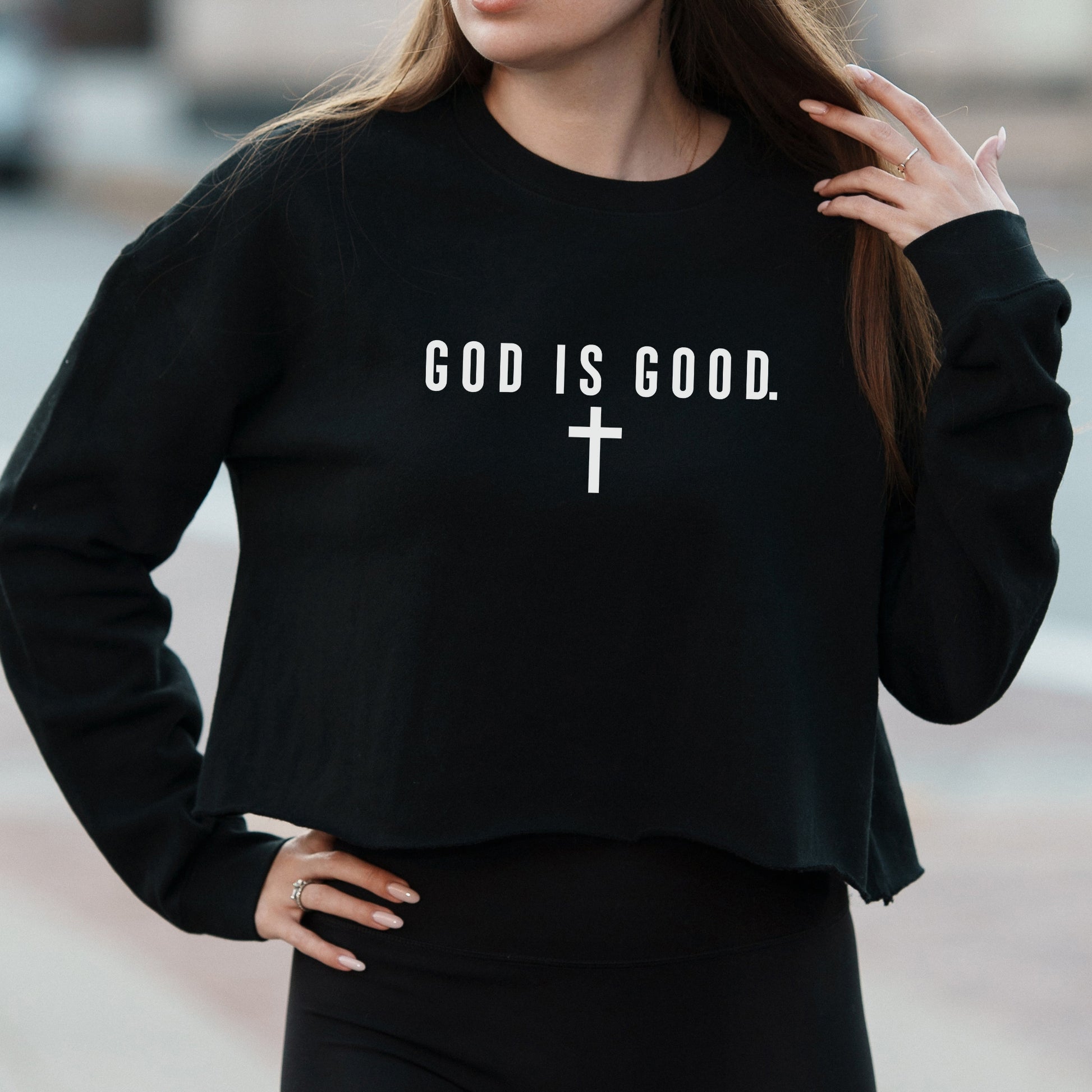 God Is Good Minimalist Christian Graphic with Cross Symbol – Vintage Crop Sweatshirt