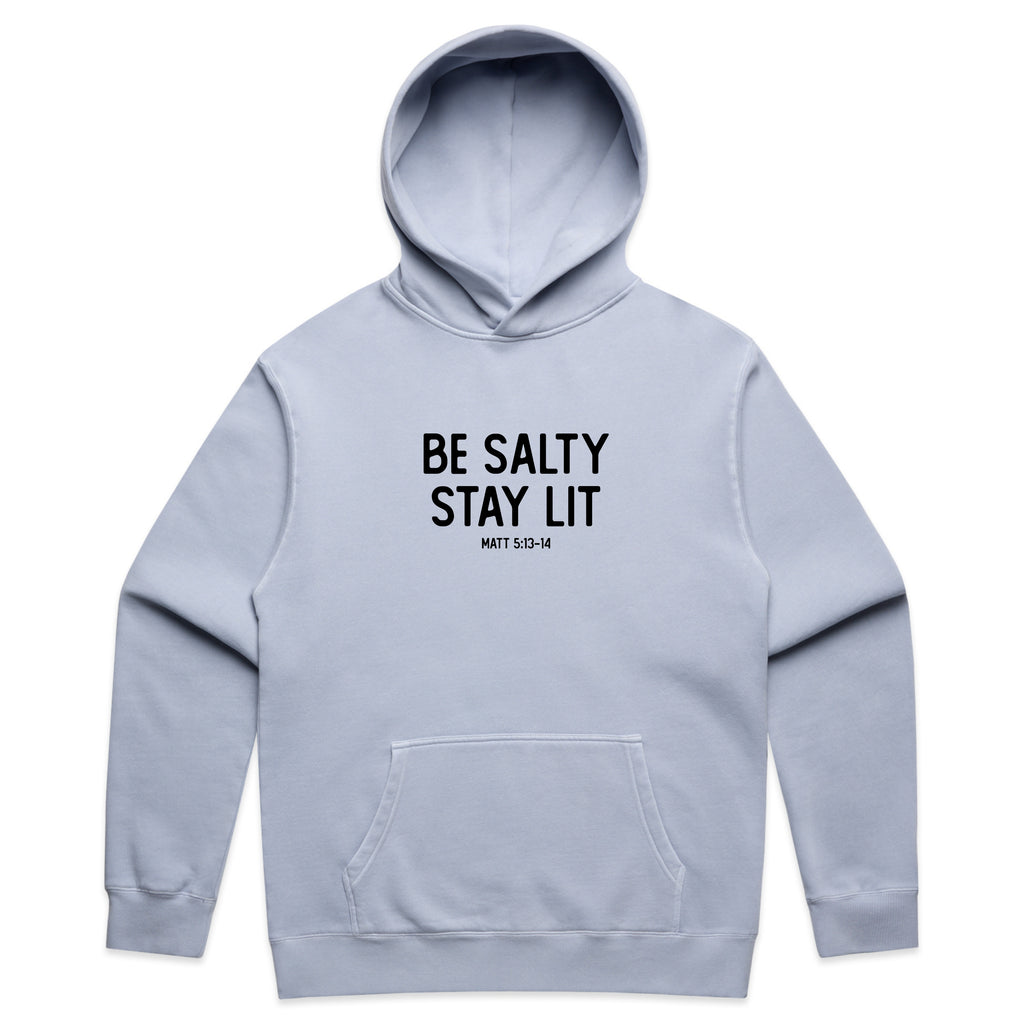 Be Salty Stay Lit Text Graphic with Bible Verse Message – Faded Hoodie