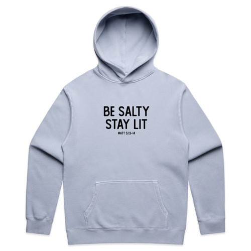 Be Salty Stay Lit Text Graphic with Bible Verse Message – Faded Hoodie