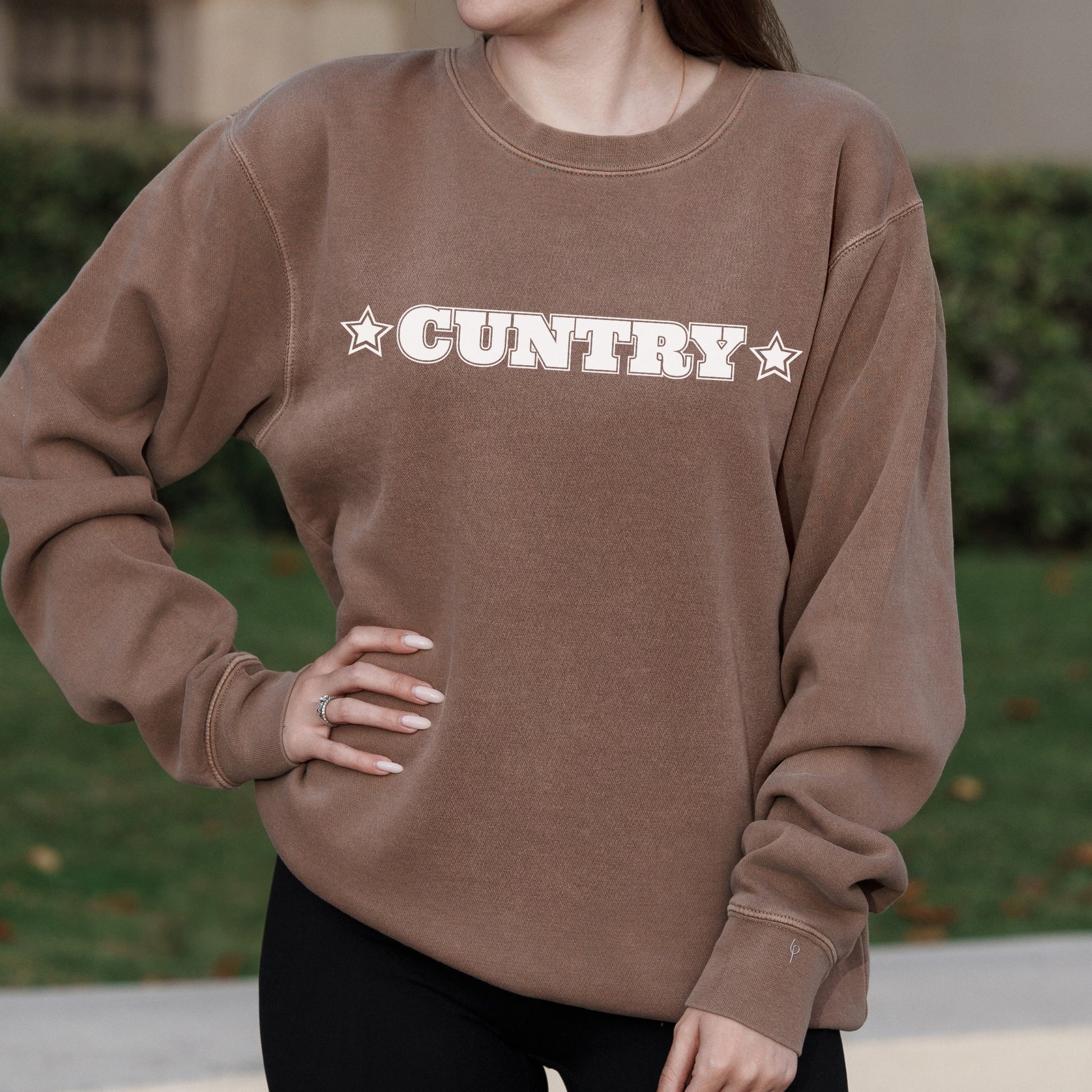 Cuntry Bold Western Graphic with Star Accents and Cowgirl Attitude – Pigment Crewneck Sweatshirt