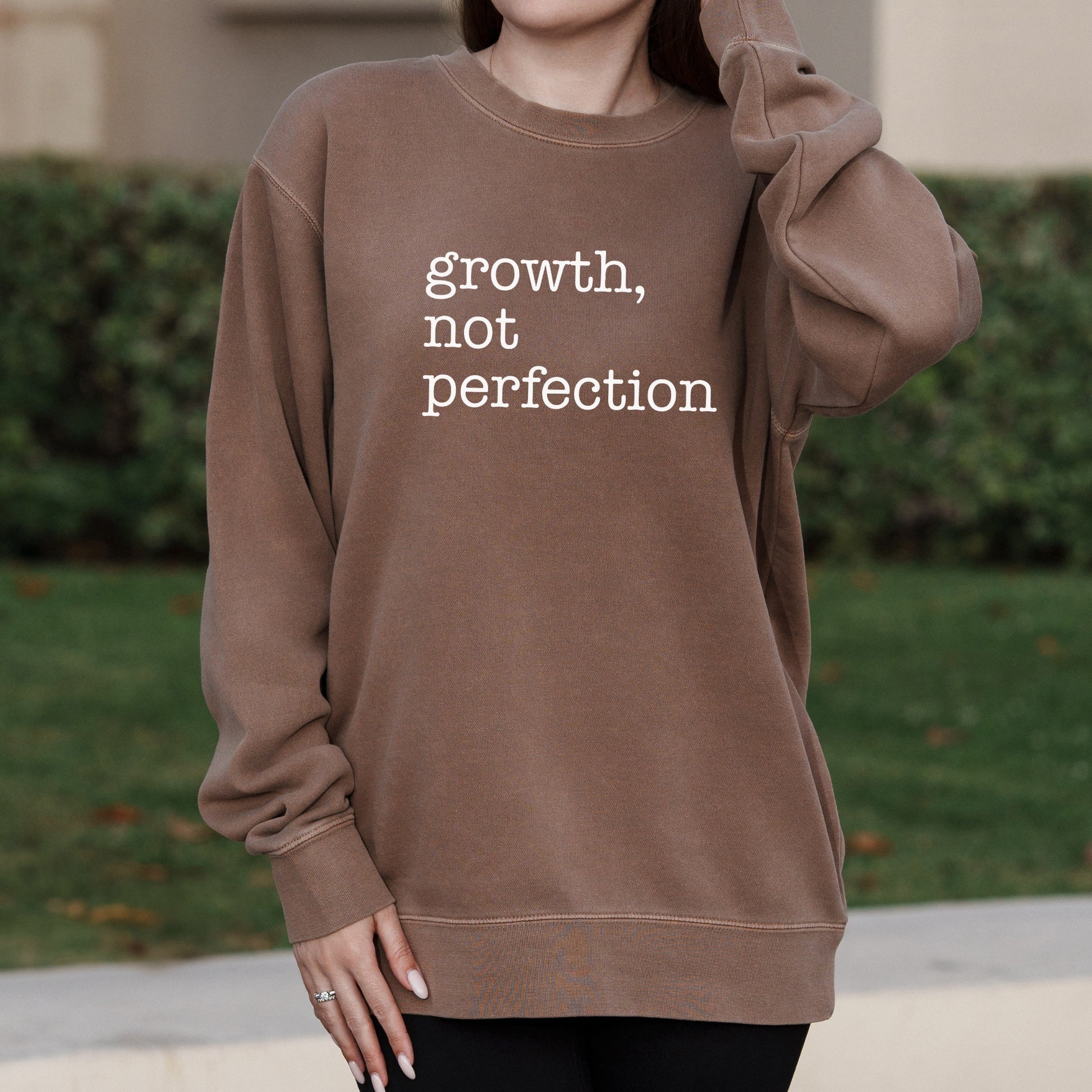 Growth Not Perfection Minimalist Text Graphic with Motivational Message – Pigment Crewneck Sweatshirt