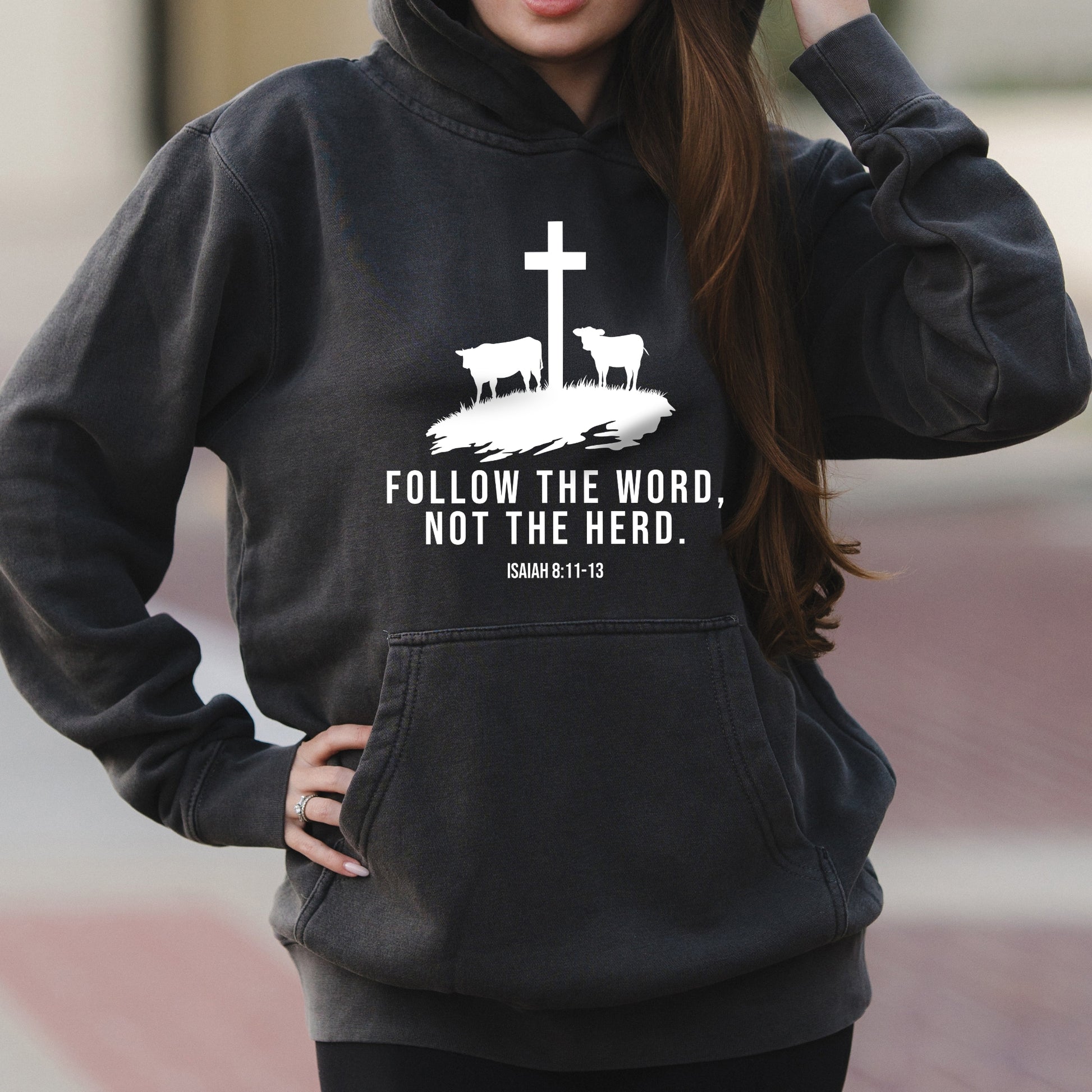 Follow the Word Not the Herd Graphic with Christian Country Message – Faded Hoodie