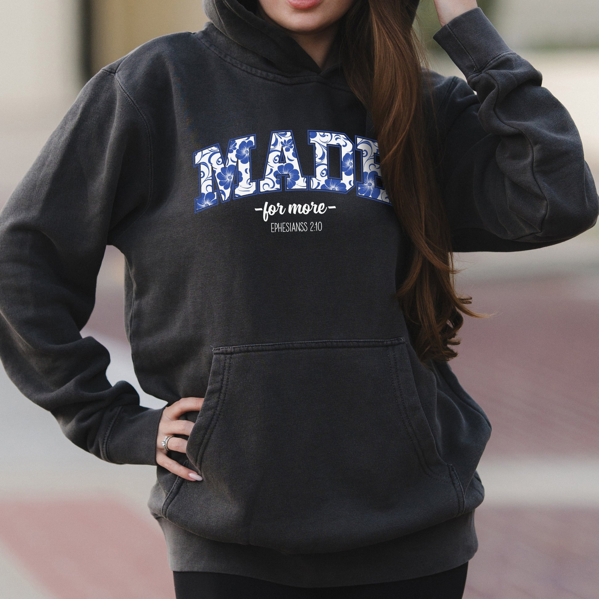 Made For More Blue Floral Tile Graphic with Faith Inspired Message – Faded Hoodie