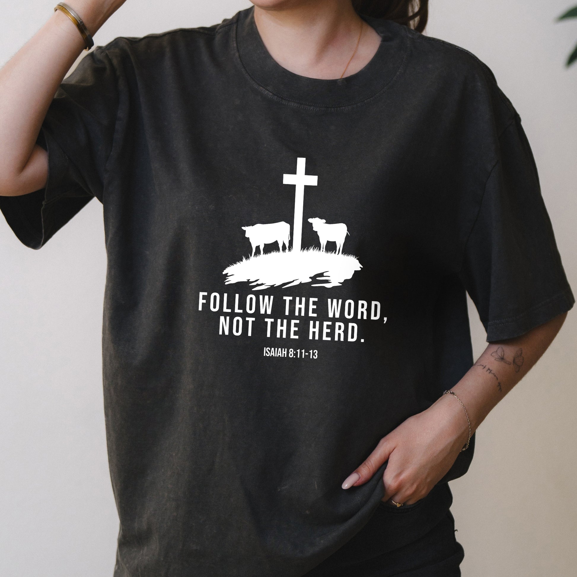 Follow the Word Not the Herd Graphic with Christian Country Message – Oversized Vintage Shirt