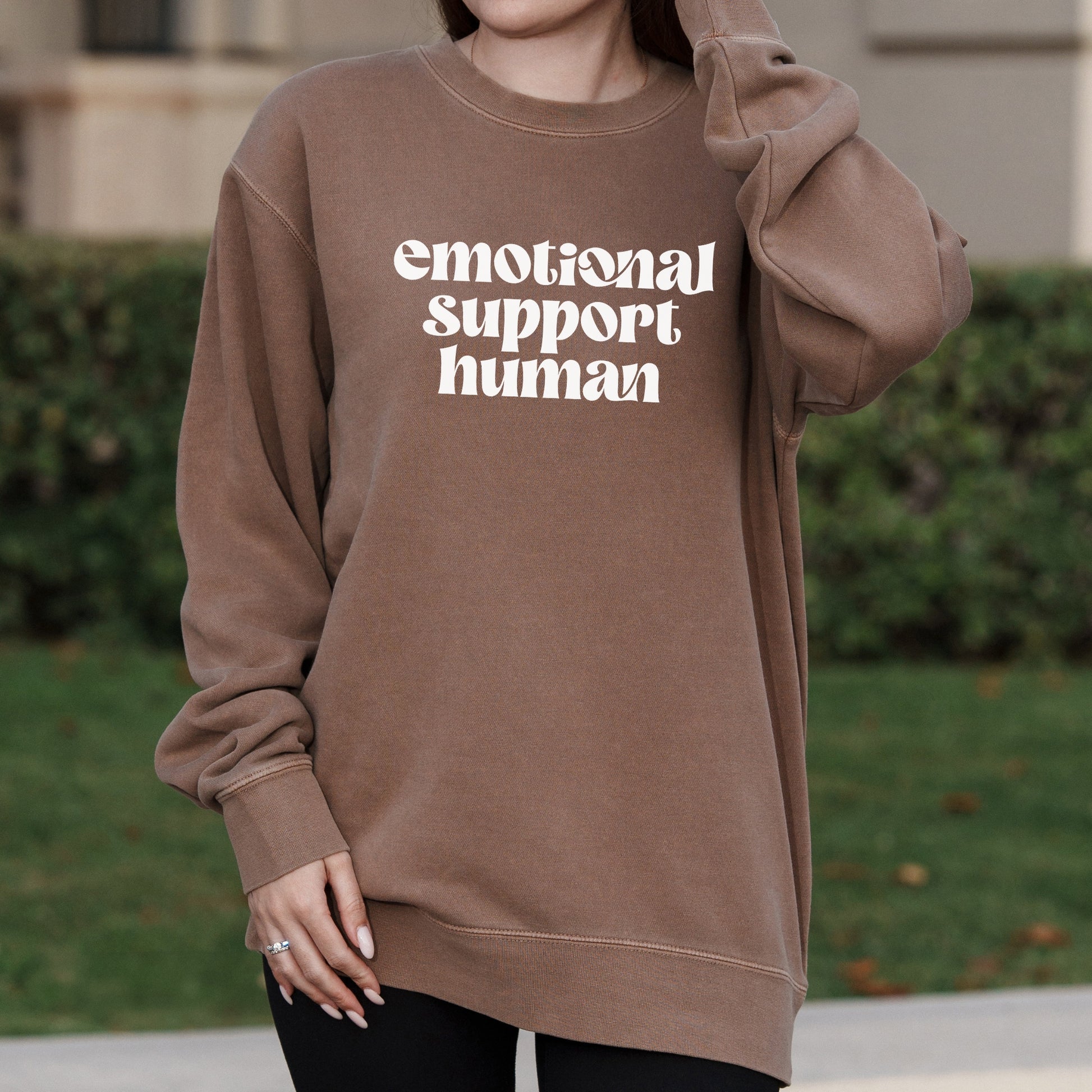 Emotional Support Human Bold Text Graphic with Therapist Inspired Design – Pigment Crewneck Sweatshirt
