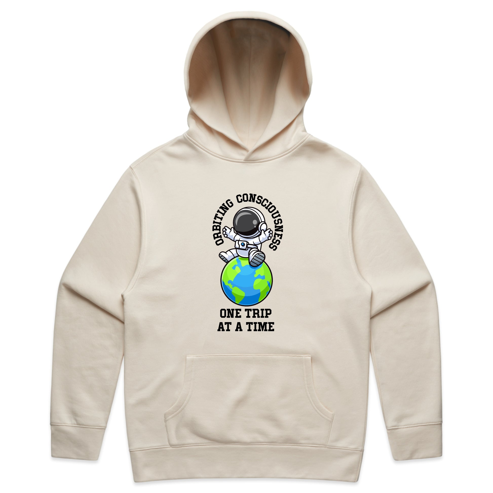 Orbiting Consciousness Astronaut Graphic with One Trip at a Time Text – Faded Hoodie