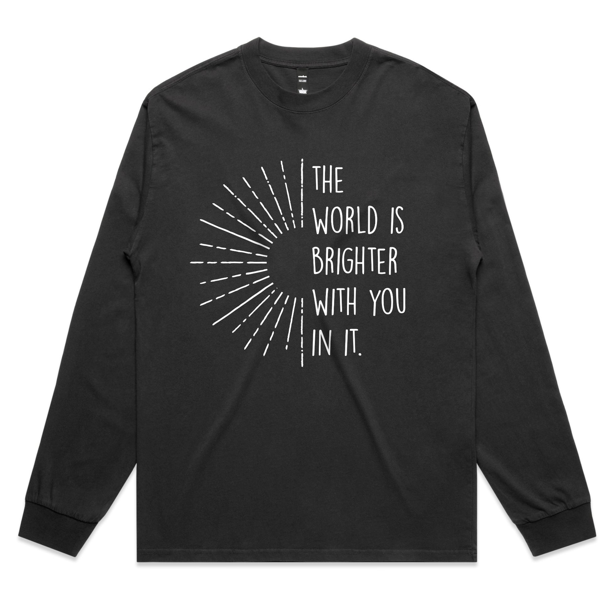 The World Is Brighter With You In It Tee – Inspirational Mental Health Sun Graphic Faded L/S