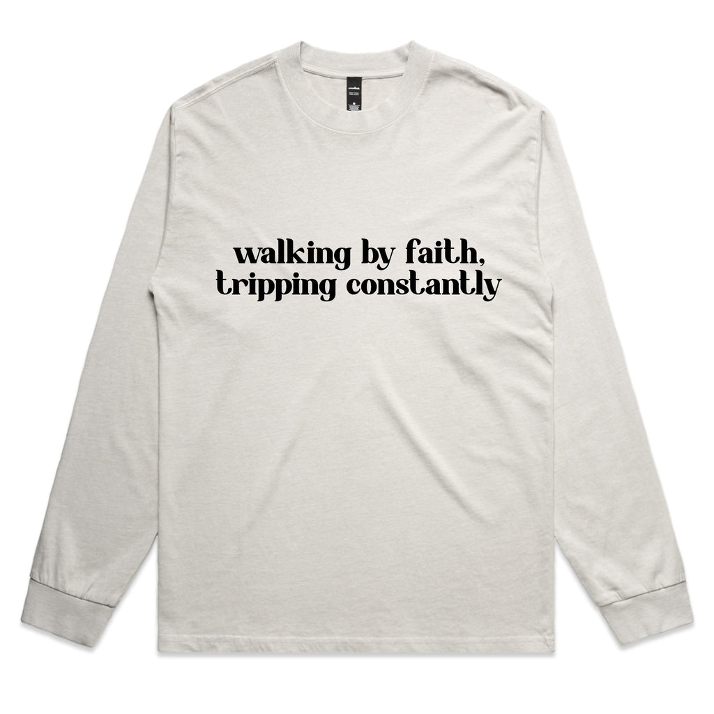 Walking by Faith Tripping Constantly – Funny Christian Long Sleeve Tee – Faded L/S
