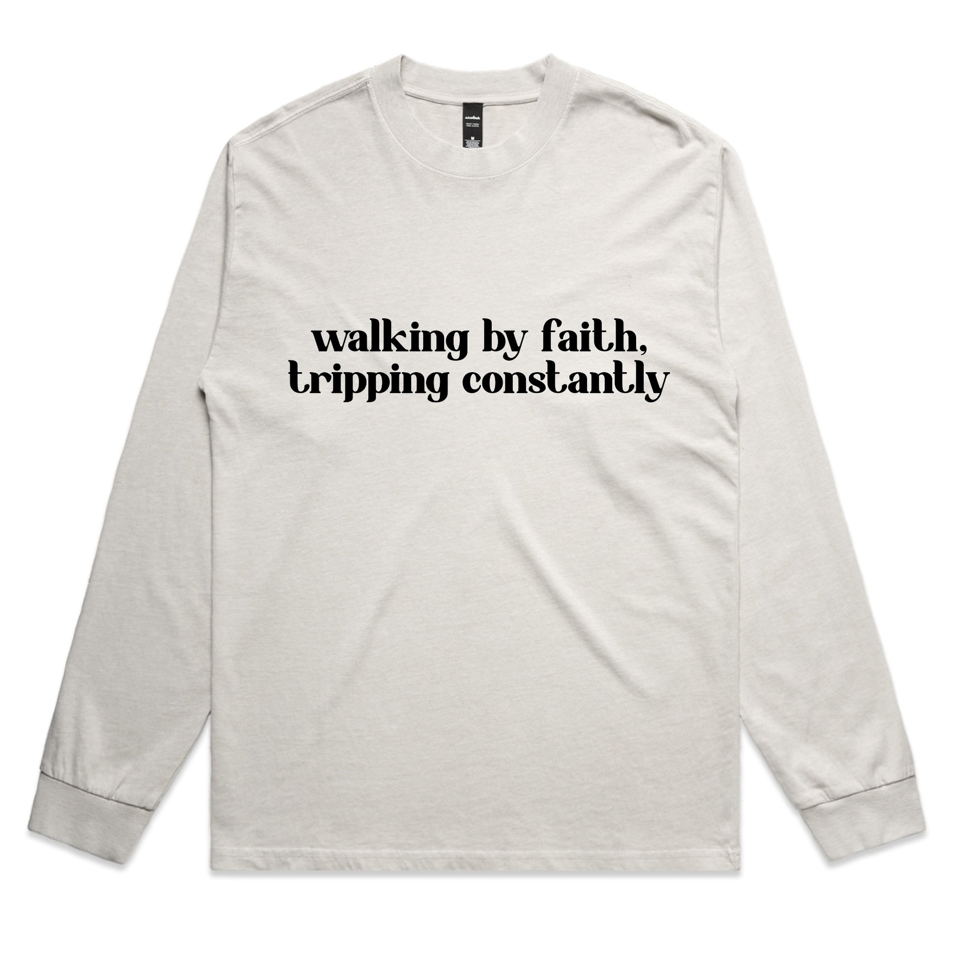 Walking by Faith Tripping Constantly – Funny Christian Long Sleeve Tee – Faded L/S