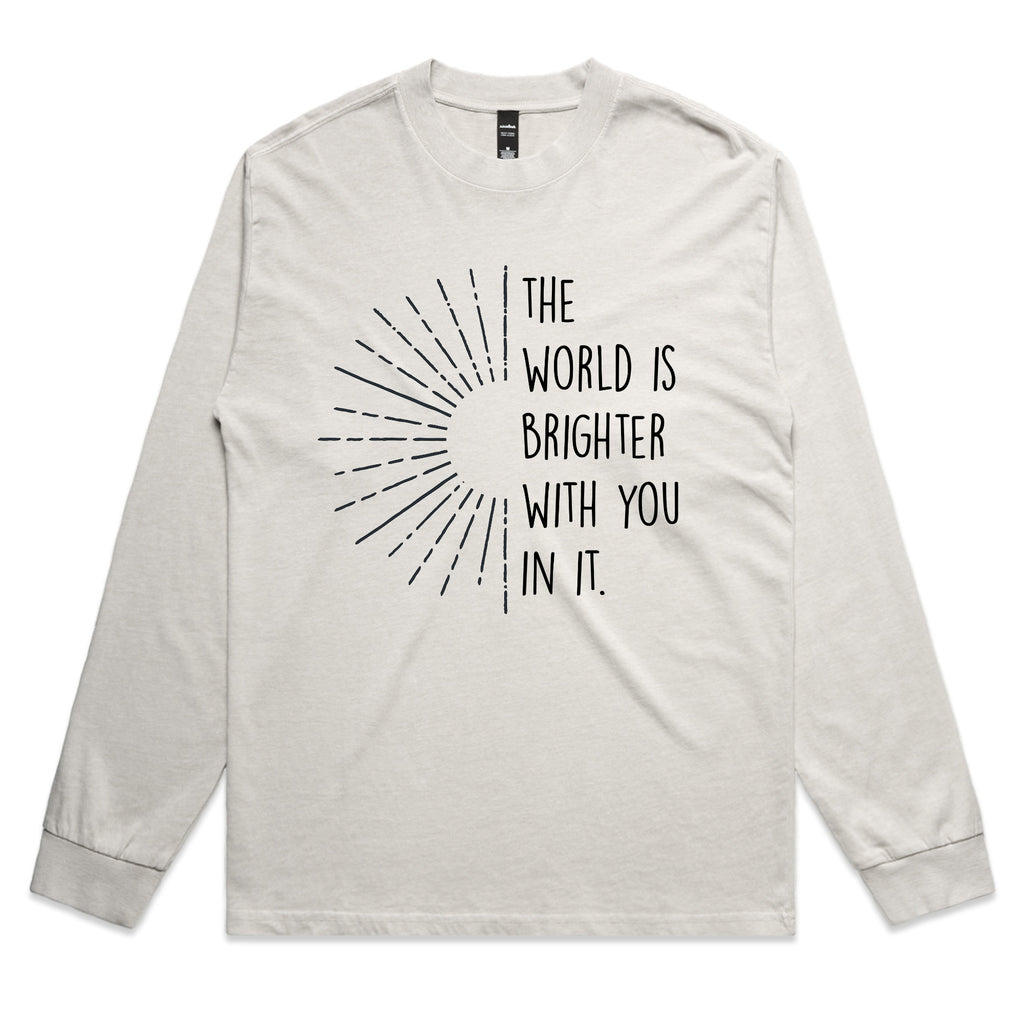 The World Is Brighter With You In It Tee – Inspirational Mental Health Sun Graphic Faded L/S